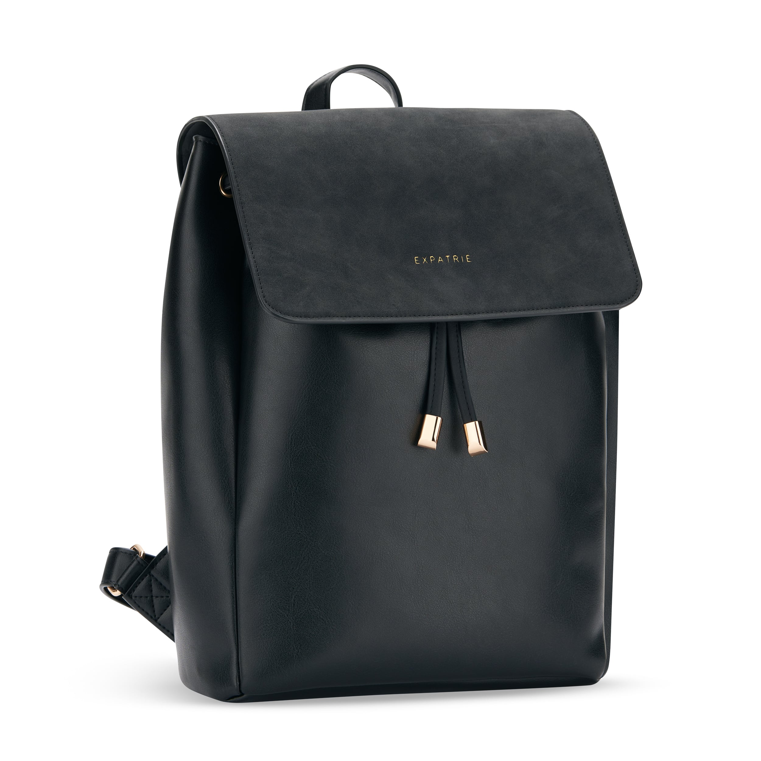 Schwarzer Kunstleder-Rucksack Estelle mit Überschlag und goldfarbenen Details