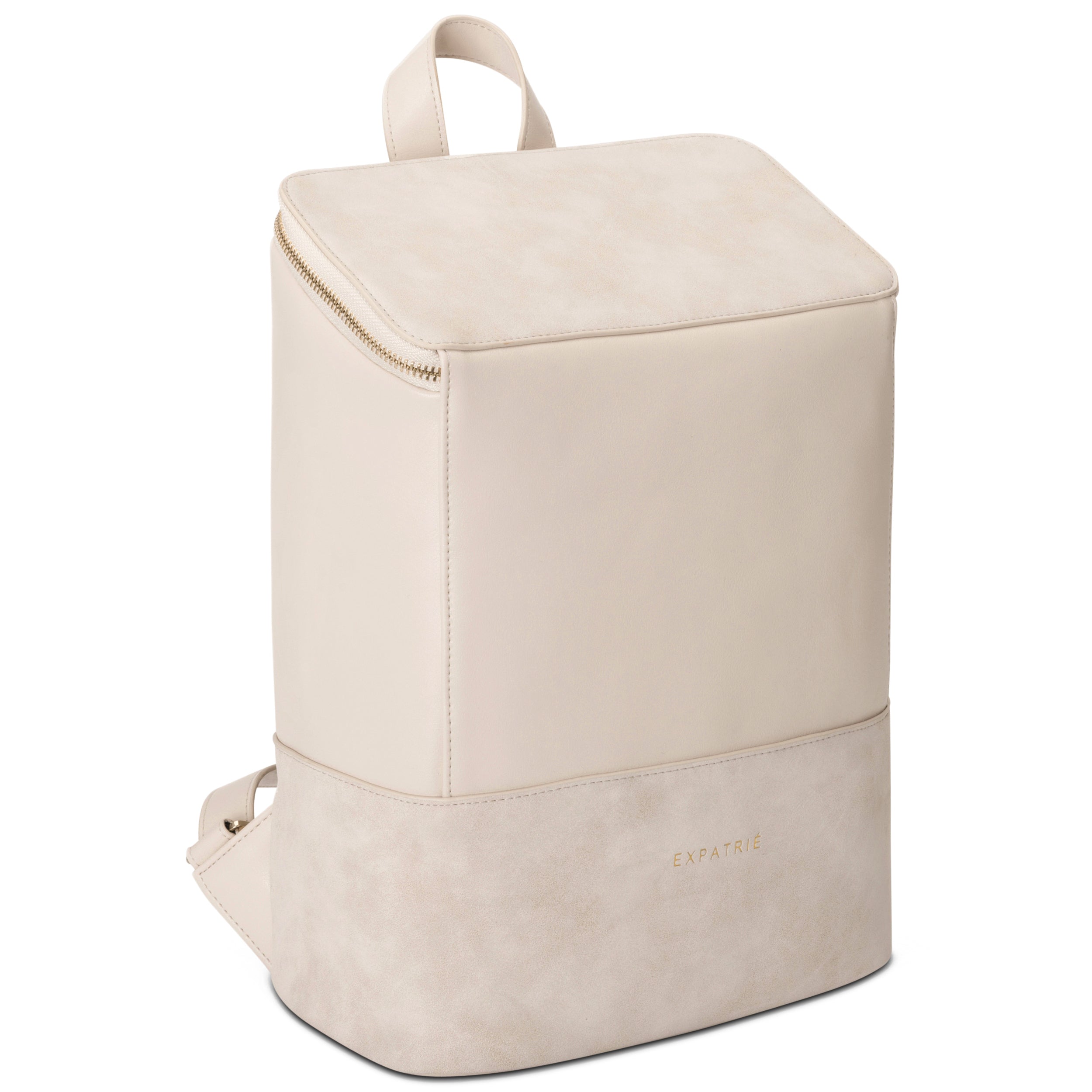 Beiger Leder-Rucksack Malou für Damen mit quadratischem Design und goldfarbener Reißverschluss