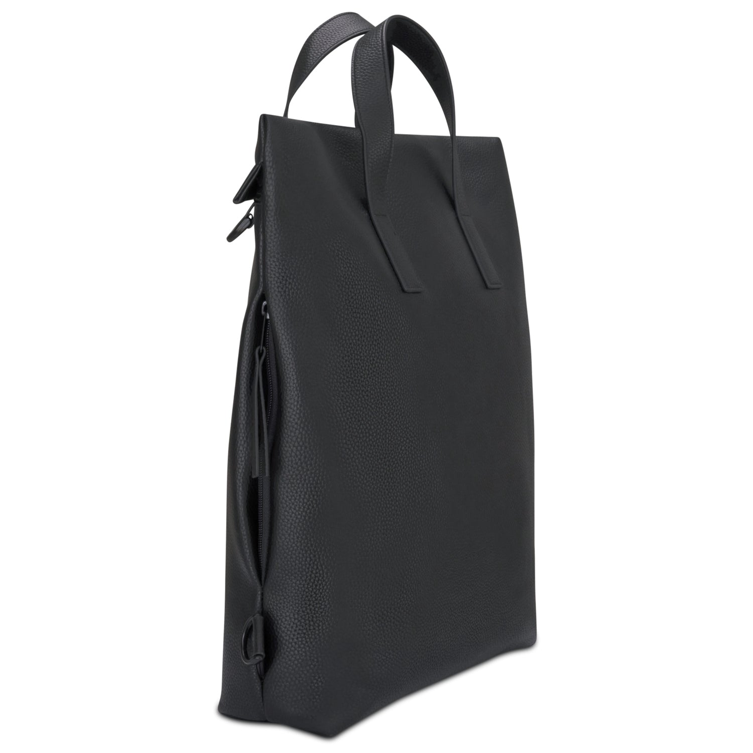 Schwarzer Rucksack Lou aus strukturiertem Material mit kurzen Tragegriffen und seitlichem Reißverschluss