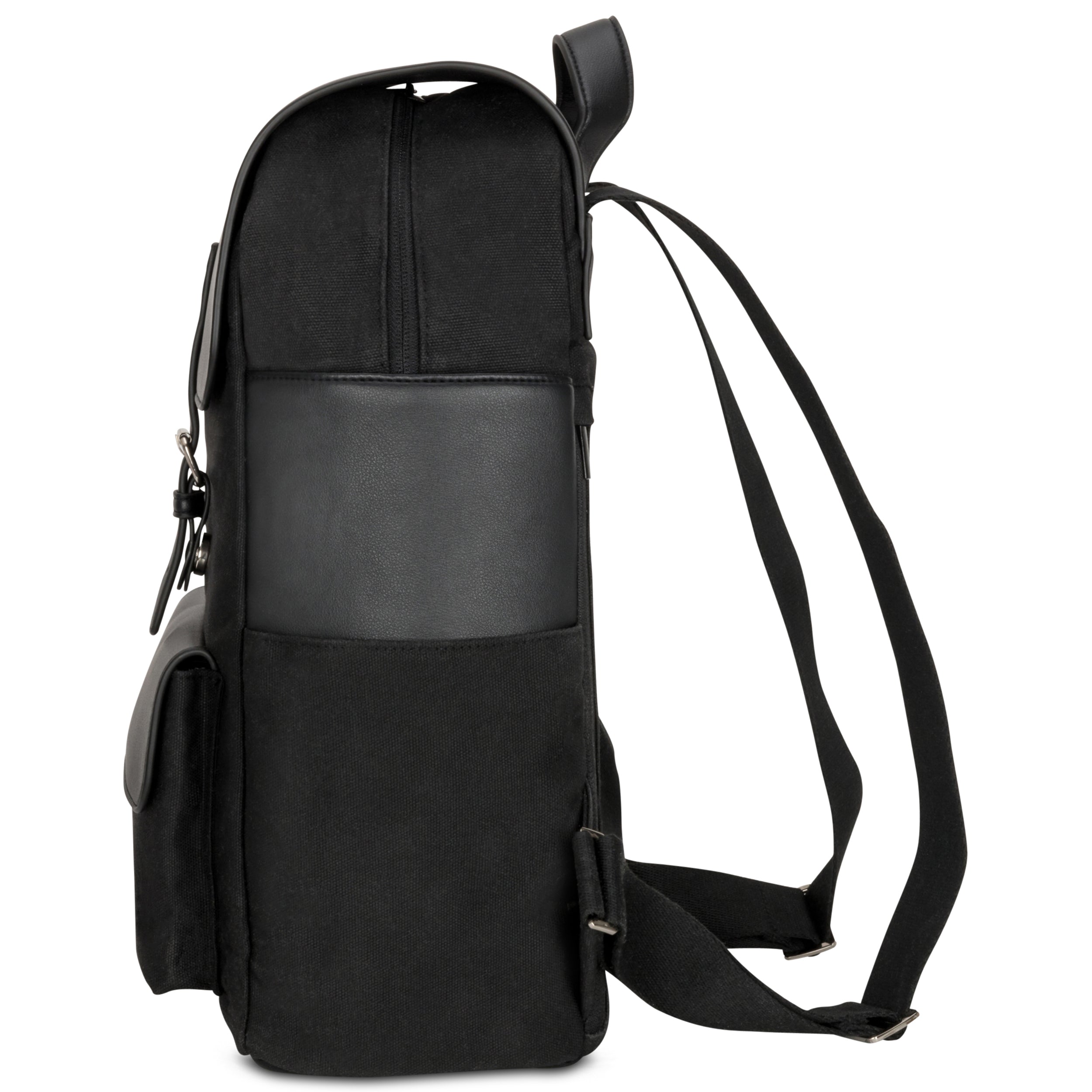 Schwarzer Rucksack 'Ella' aus Canvas und Leder mit verstellbaren Schultergurten, seitliche Tasche
