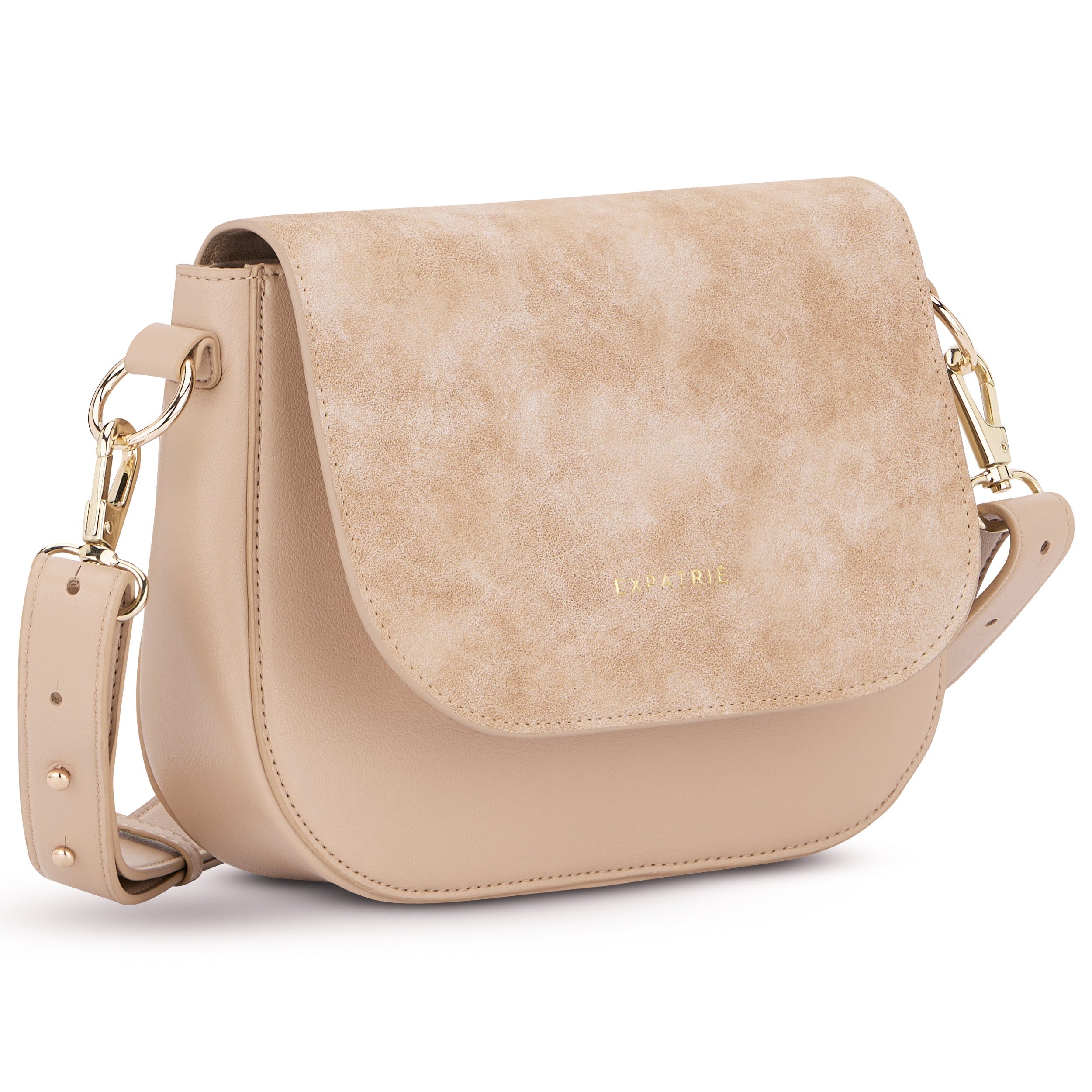 Beige Saddle Bag Louise Medium mit glattem und wildlederartigem Material, goldfarbenen Verschlüssen und verstellbarem Schultergurt