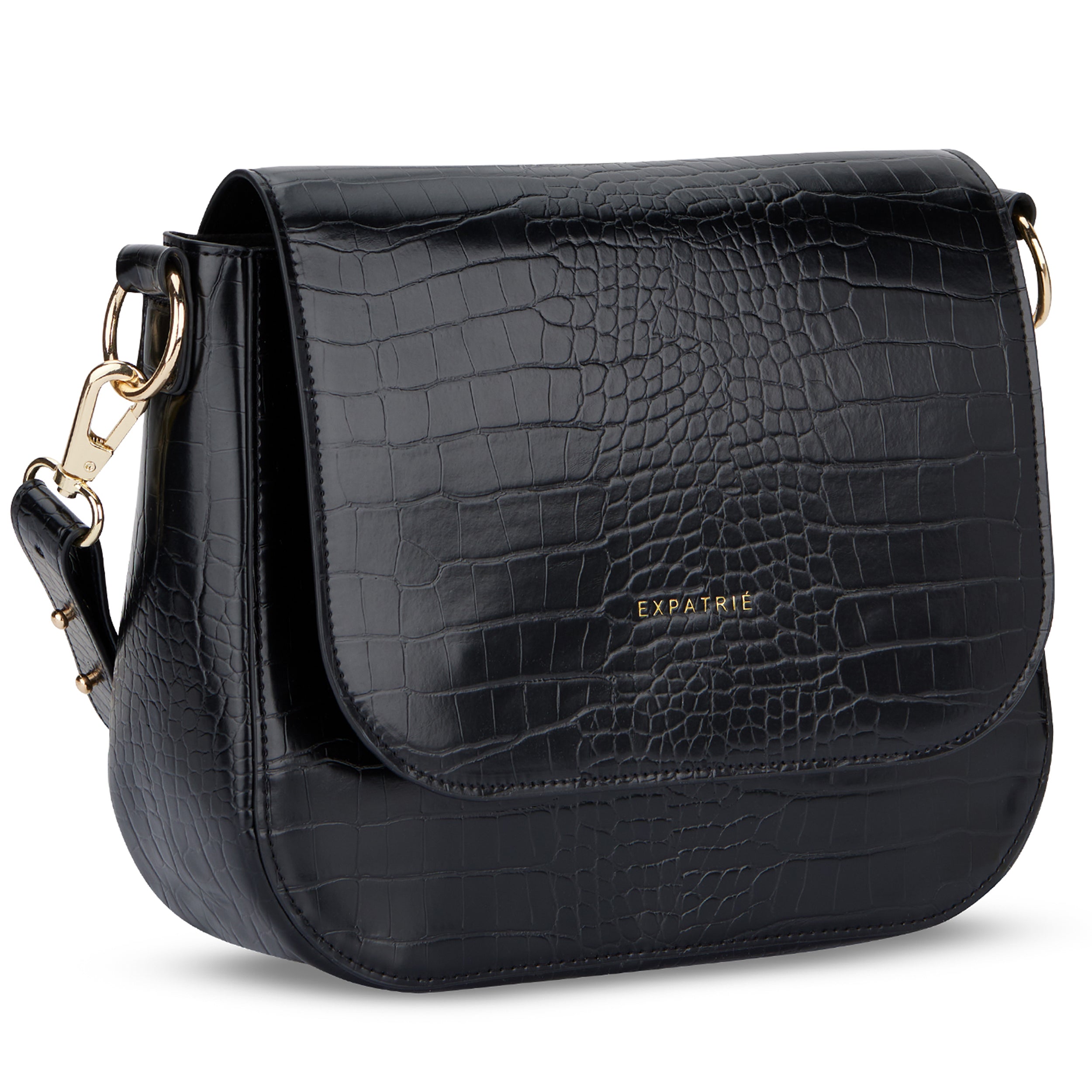 Große Saddle Bag Louise Handtasche mit schwarzem Krokodilprägungslack und goldfarbenen Metallakzenten
