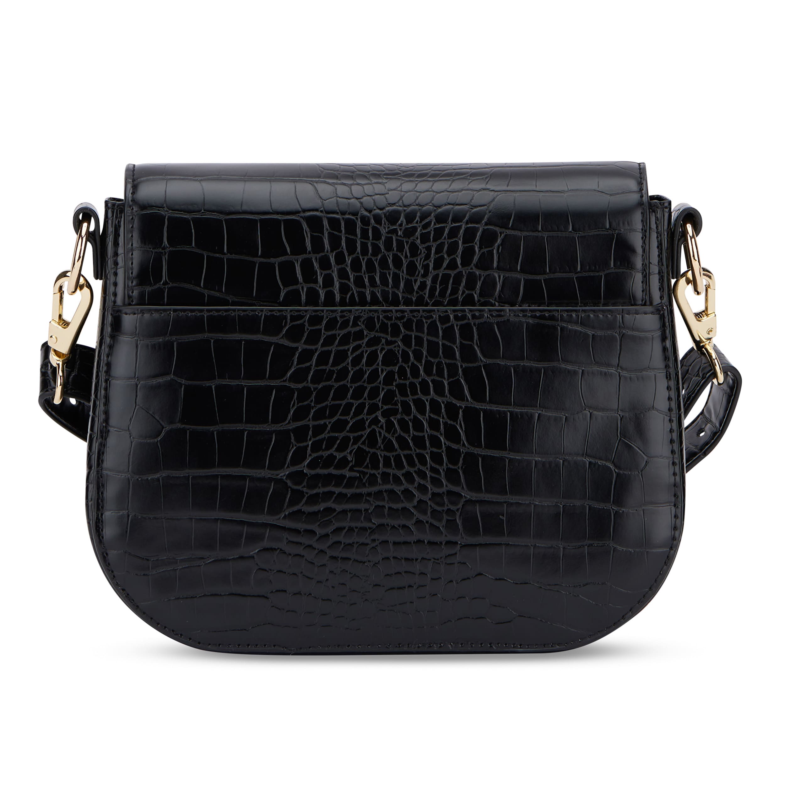 Schwarze Saddle Bag Louise Medium mit Kroko-Prägung und goldfarbenen Haken an verstellbarem Schultergurt