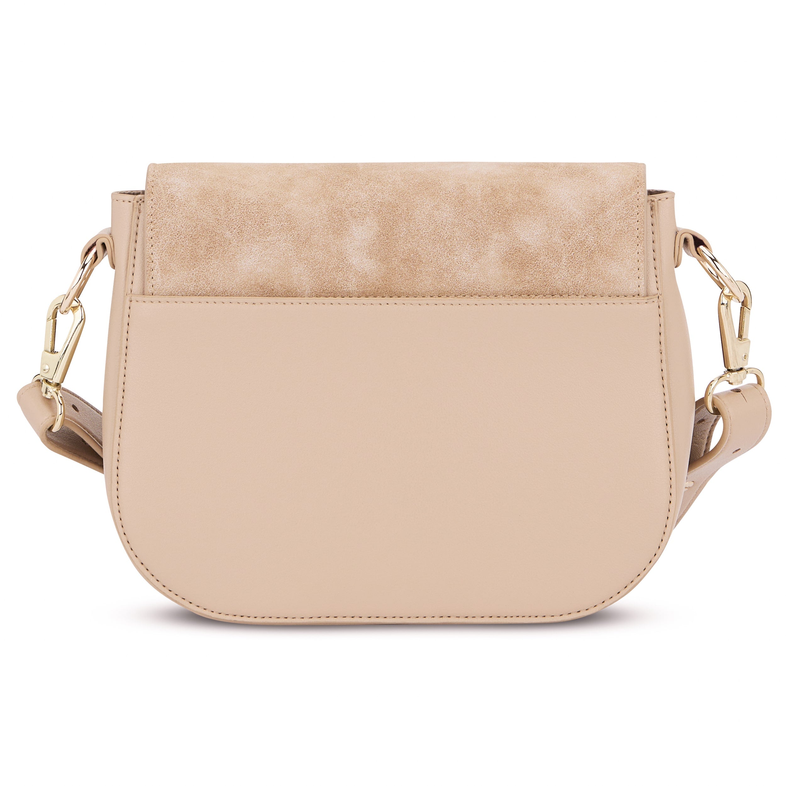 Beige Saddle Bag Louise Medium mit glattem und strukturiertem Material, goldfarbenen Metallverschlüssen und verstellbarem Schulterriemen