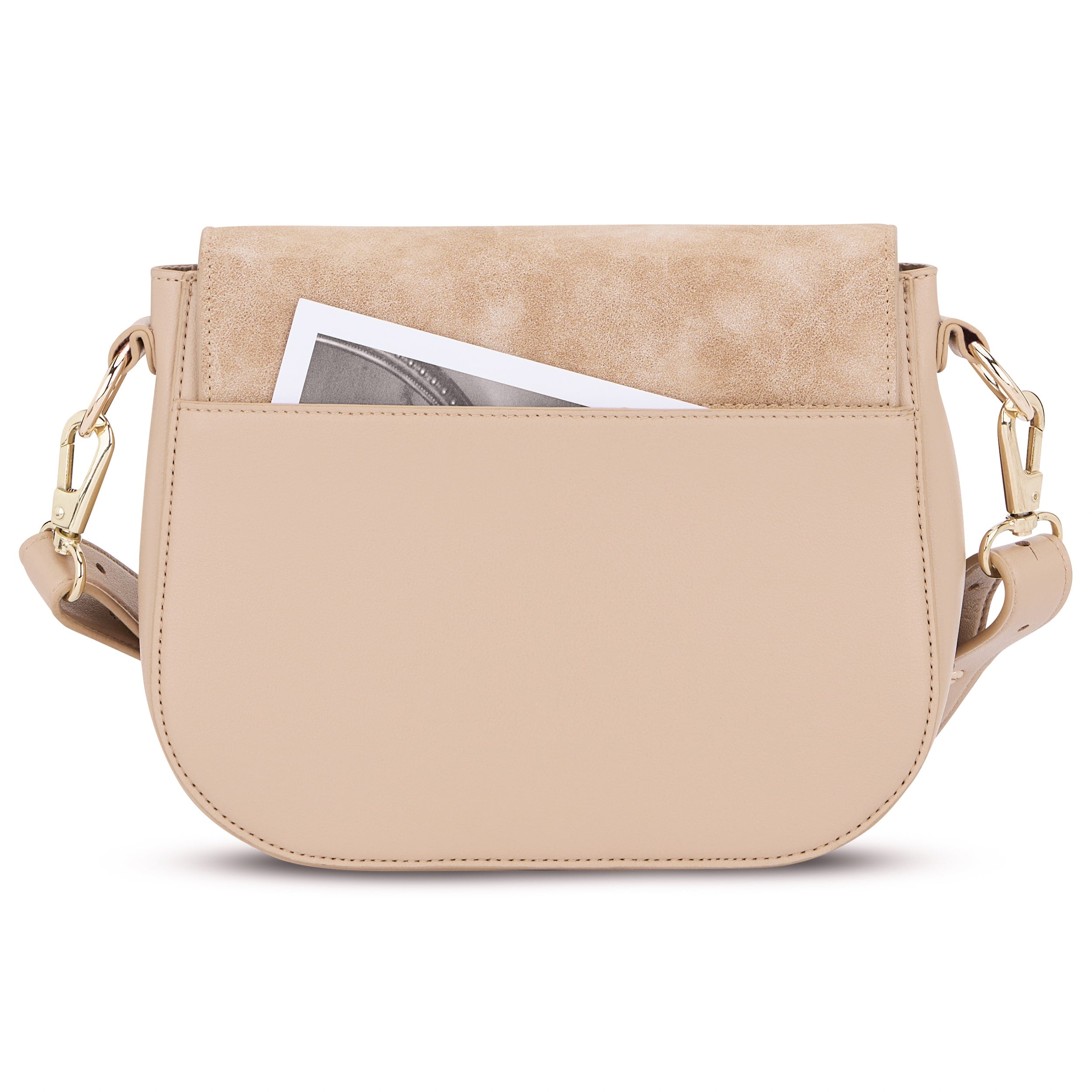 Beige mittelgroße Saddle Bag Louise aus Leder und Velours mit goldfarbenen Metallverschlüssen