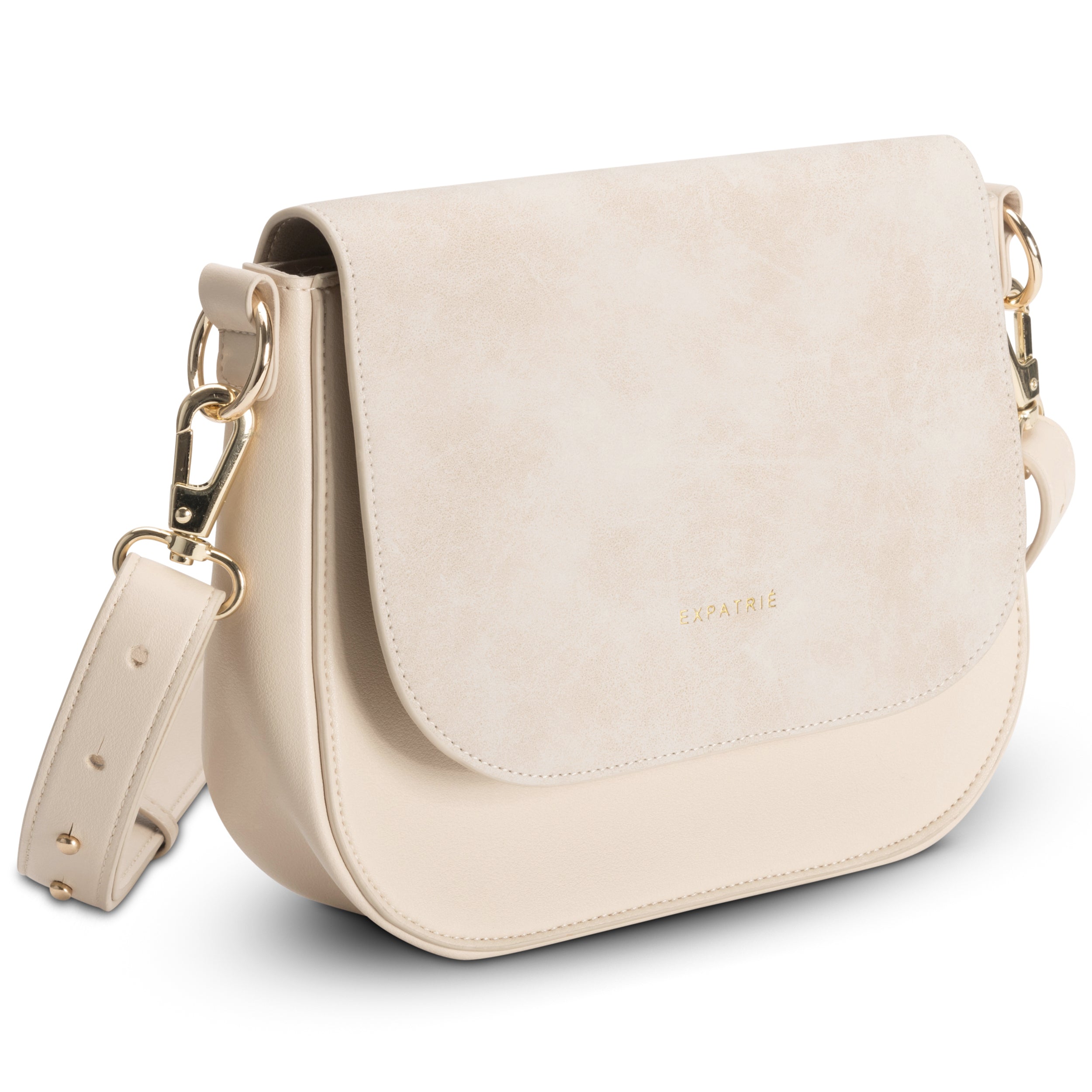 Beige Saddle Bag Louise Medium mit Klappe, Schulterriemen und goldfarbenen Metallbeschlägen