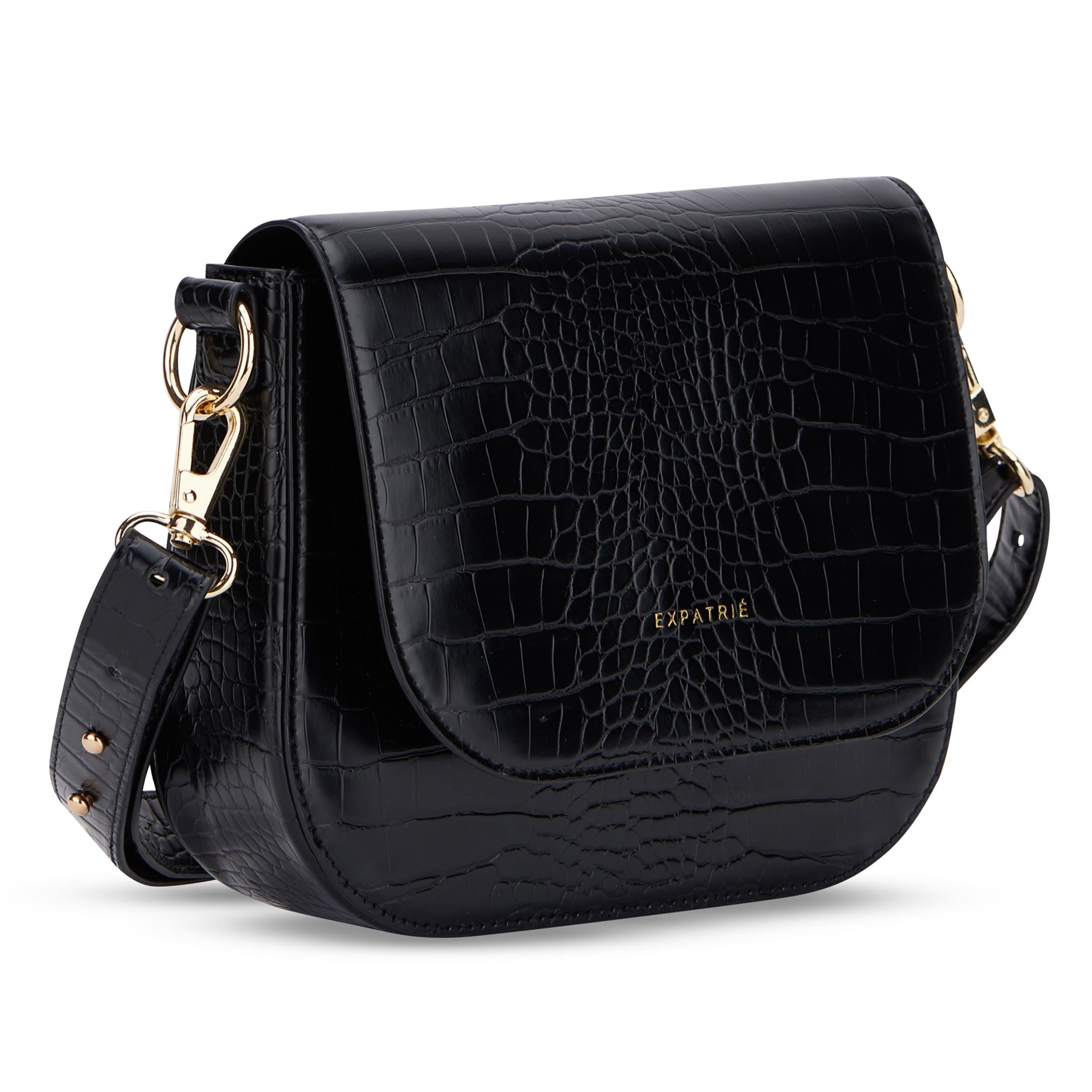 Schwarze Saddle Bag Louise Medium mit Kroko-Textur und goldfarbenen Verschlüssen von Expatrié