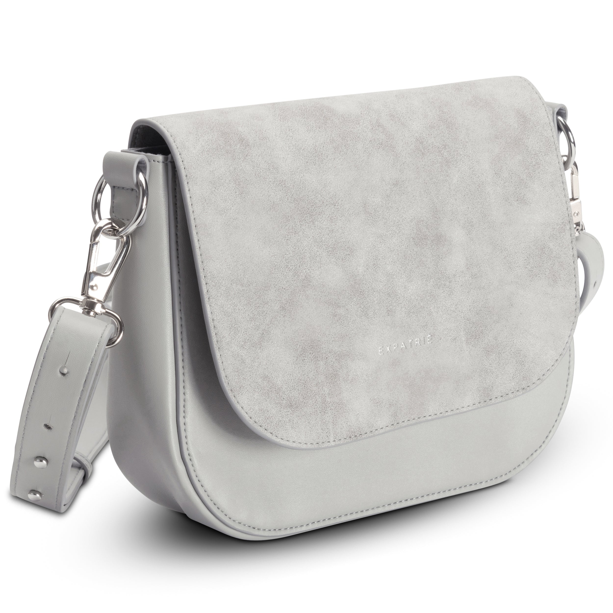 Graue Saddle Bag Louise Medium Umhängetasche für Damen aus Leder und Velours mit verstellbarem Schulterriemen