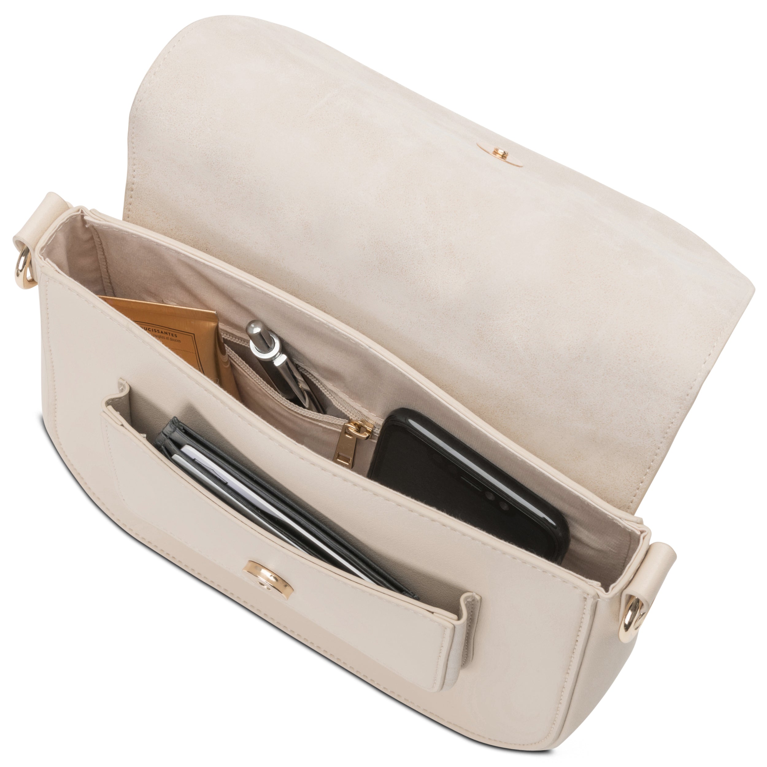 Beige Saddle Bag Louise Medium Umhängetasche offen mit Smartphone, Geldbörse und Notizbuch