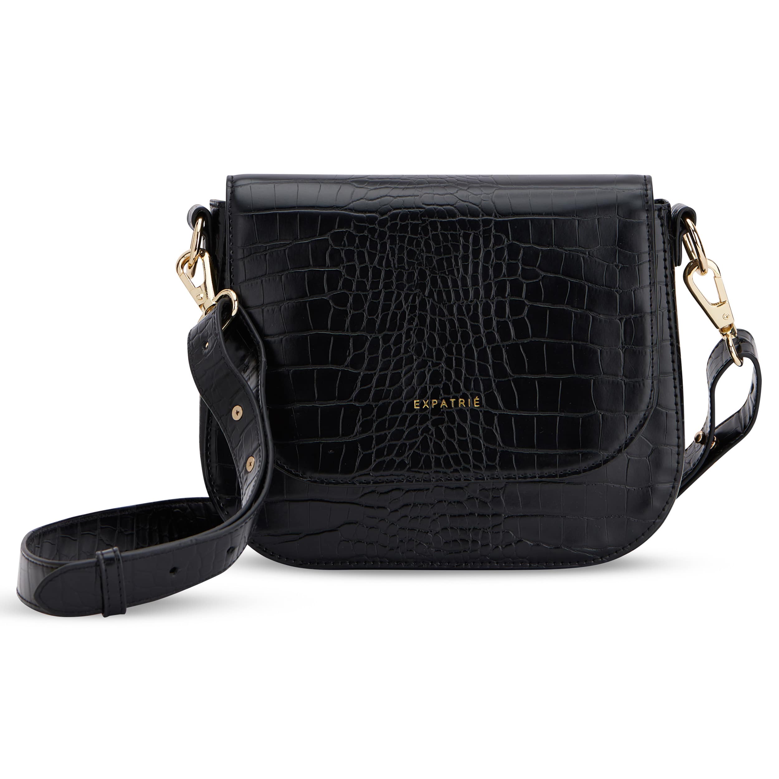 Schwarze Saddle Bag Louise Medium Umhängetasche aus Kroko-Optik mit goldfarbenen Beschlägen von Expatrié