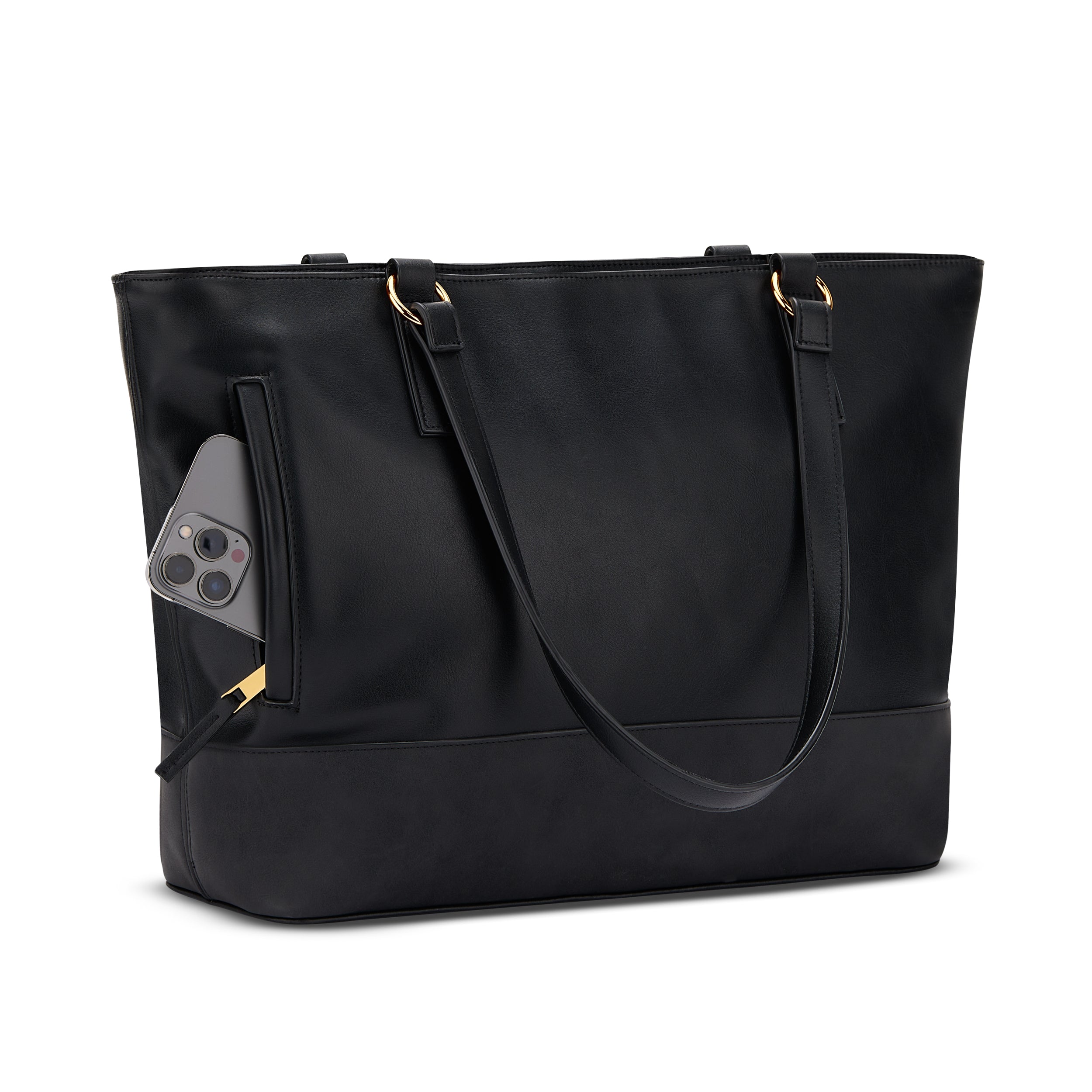 Schwarze Shopper-Tasche Nicole mit goldfarbenen Beschlägen und Smartphone in Seitentasche