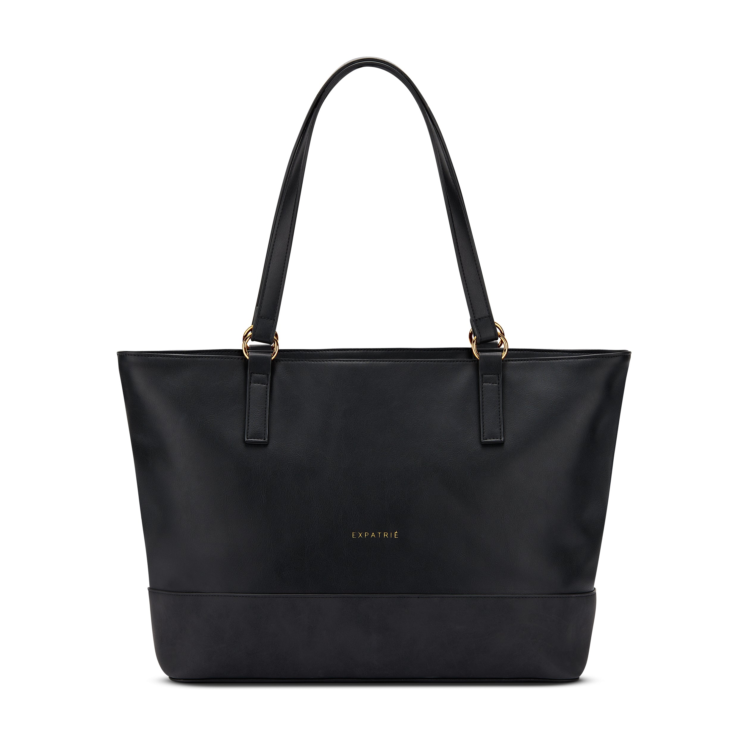 Schwarze Expatrié Shopper Tasche Nicole aus glattem Material mit goldfarbenen Ringdetails