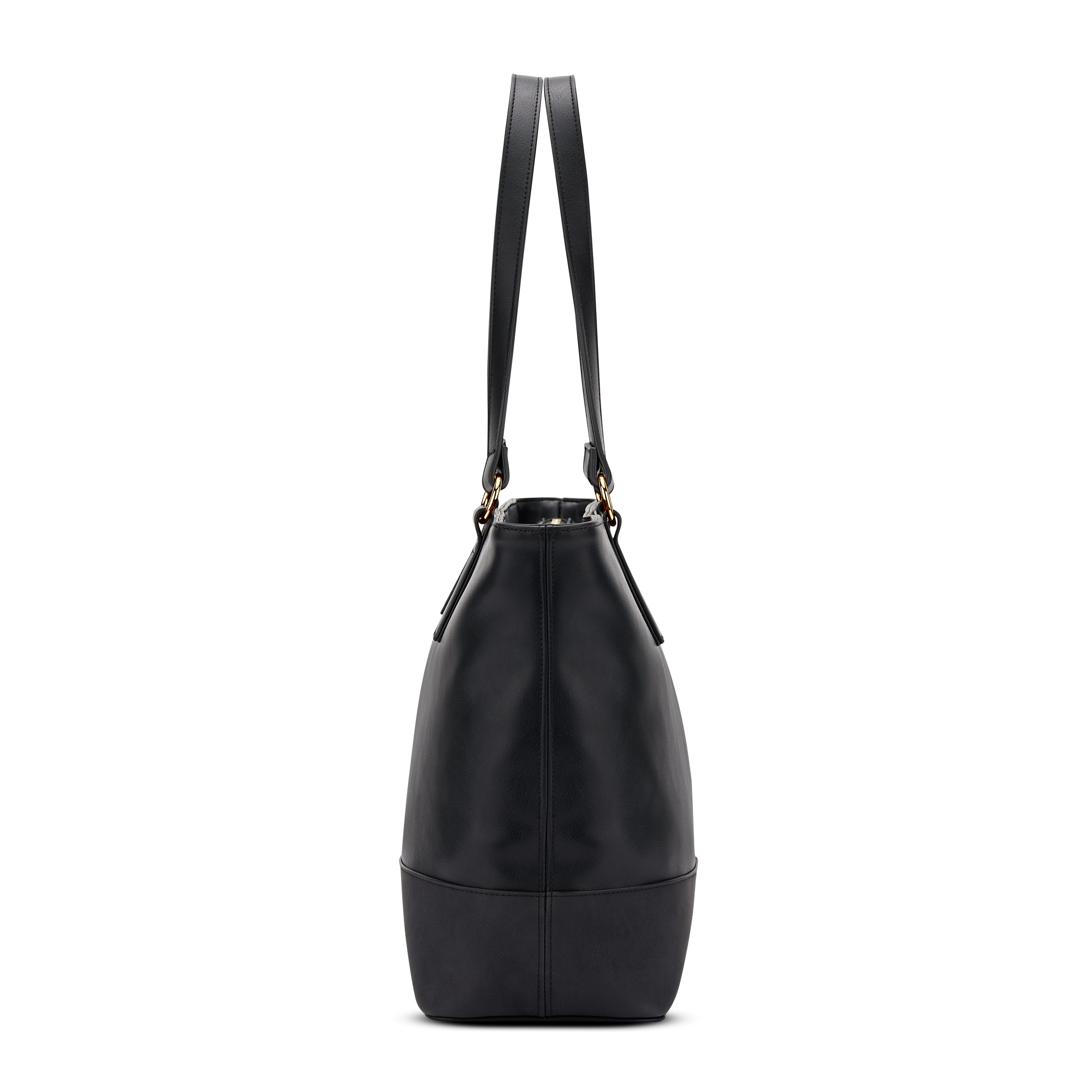 Schwarze Shopper Tasche Nicole aus glattem Material, seitliche Ansicht mit langen Henkeln