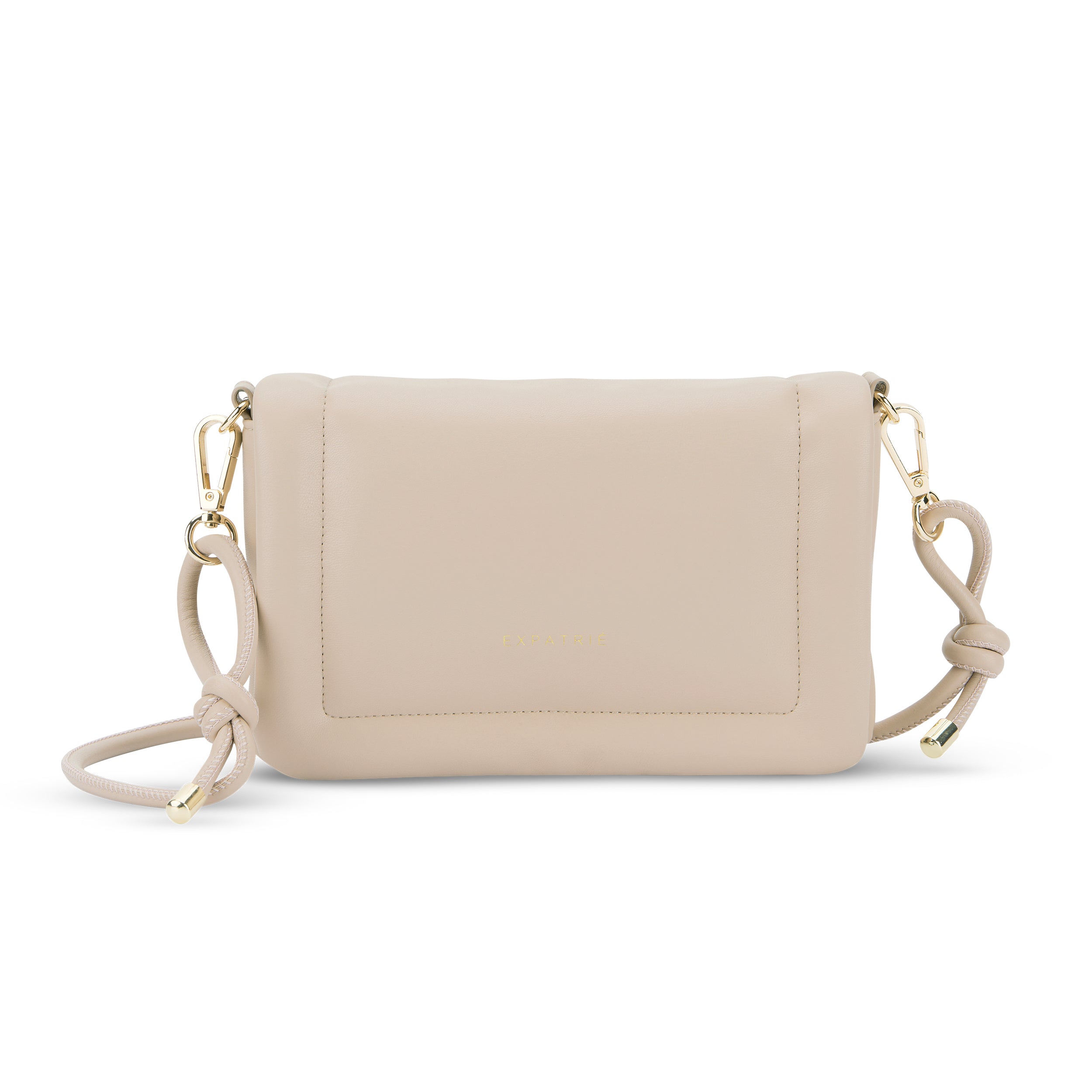Umhängetasche Zoe Small, kleine beige Tasche mit rechteckiger Form und Kordelriemen mit Knoten