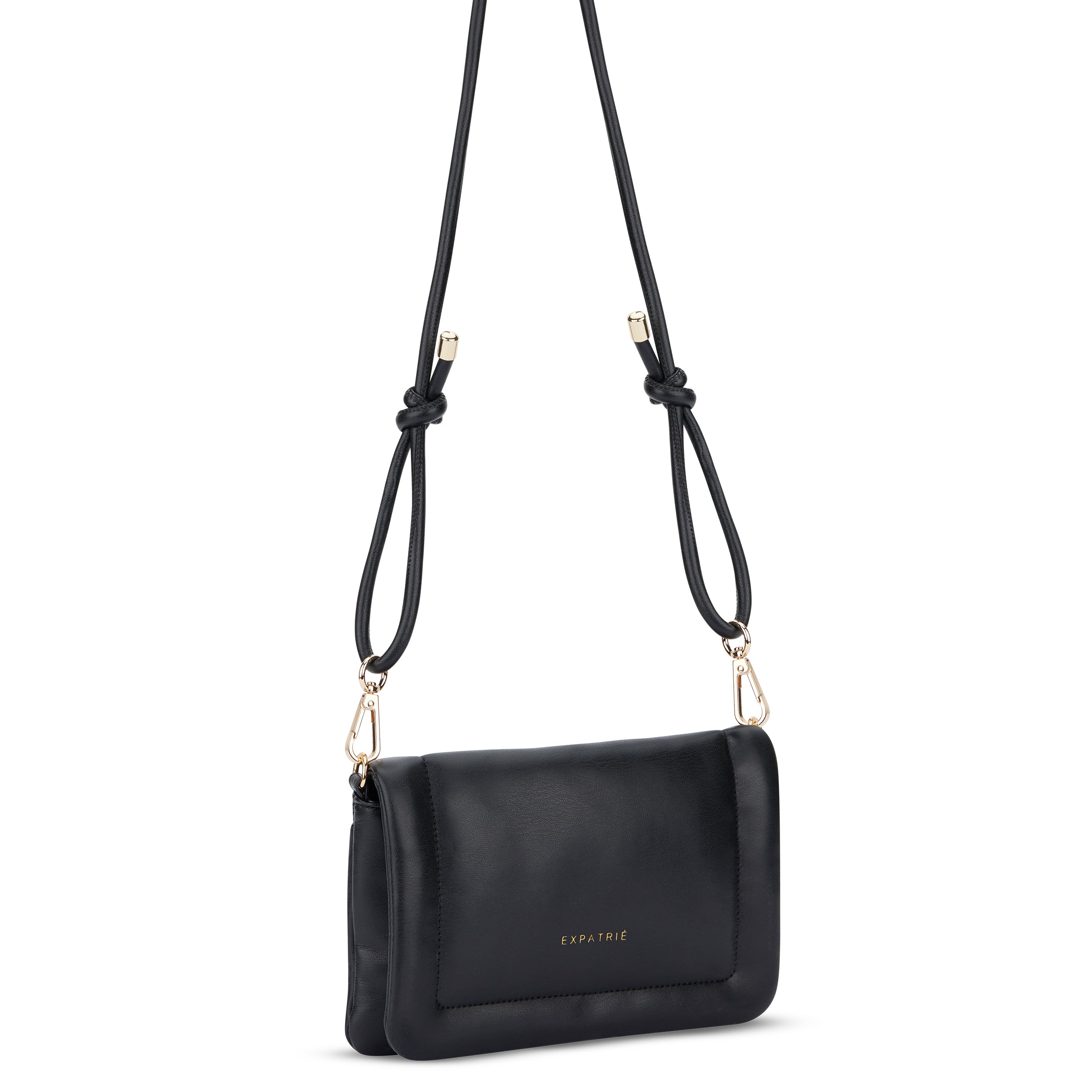 Kleine schwarze Umhängetasche Zoe Small aus Leder mit verstellbarem Riemen und goldfarbenen Karabinerverschlüssen