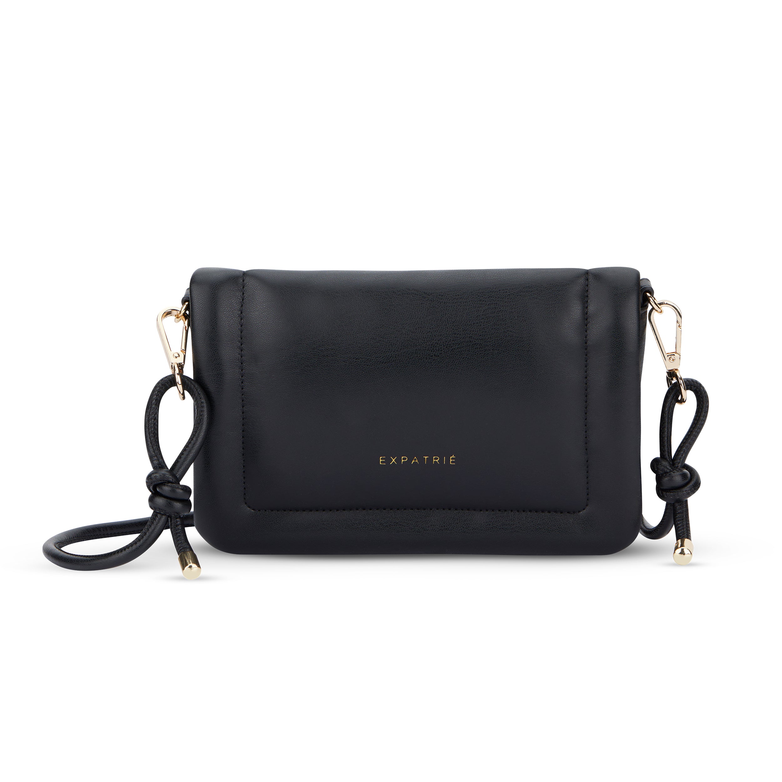 Schwarze Umhängetasche Zoe Small aus Leder mit Knoten an den Riemen und goldfarbenen Details