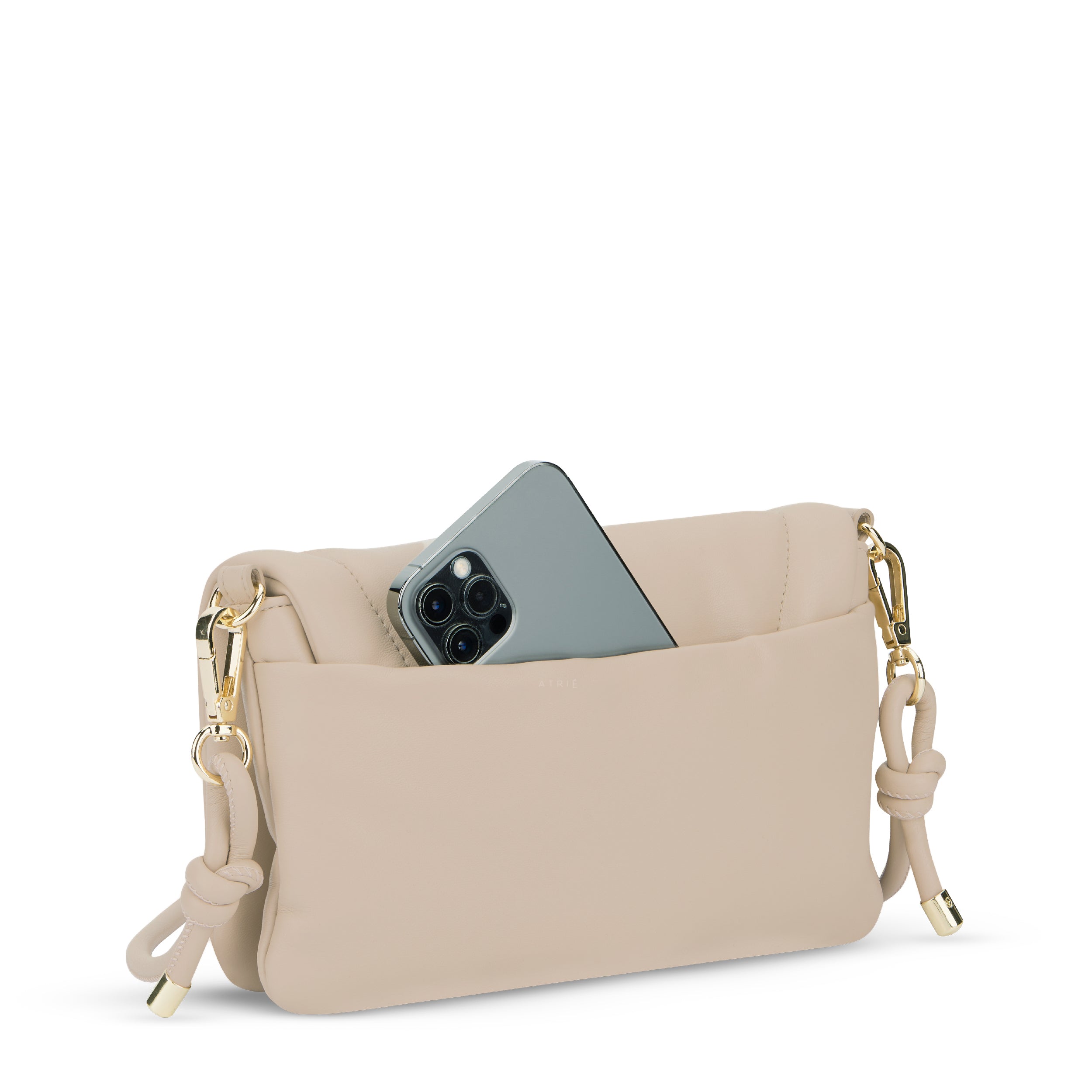 Beige Umhängetasche Zoe Small mit goldfarbenen Beschlägen und Smartphone in Vordertasche