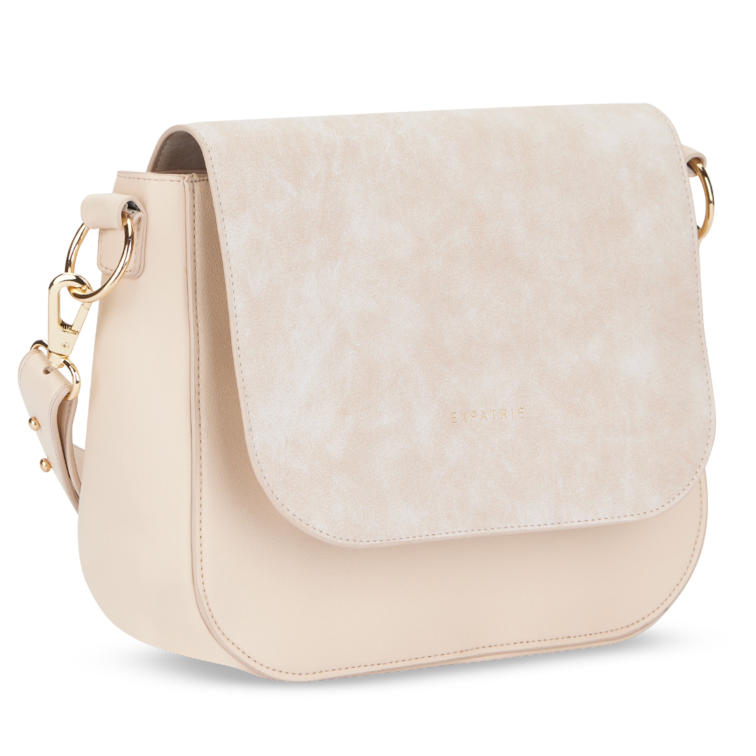 Beigefarbene Saddle Bag Louise Large Umhängetasche mit goldfarbenen Metallringen und verstellbarem Riemen