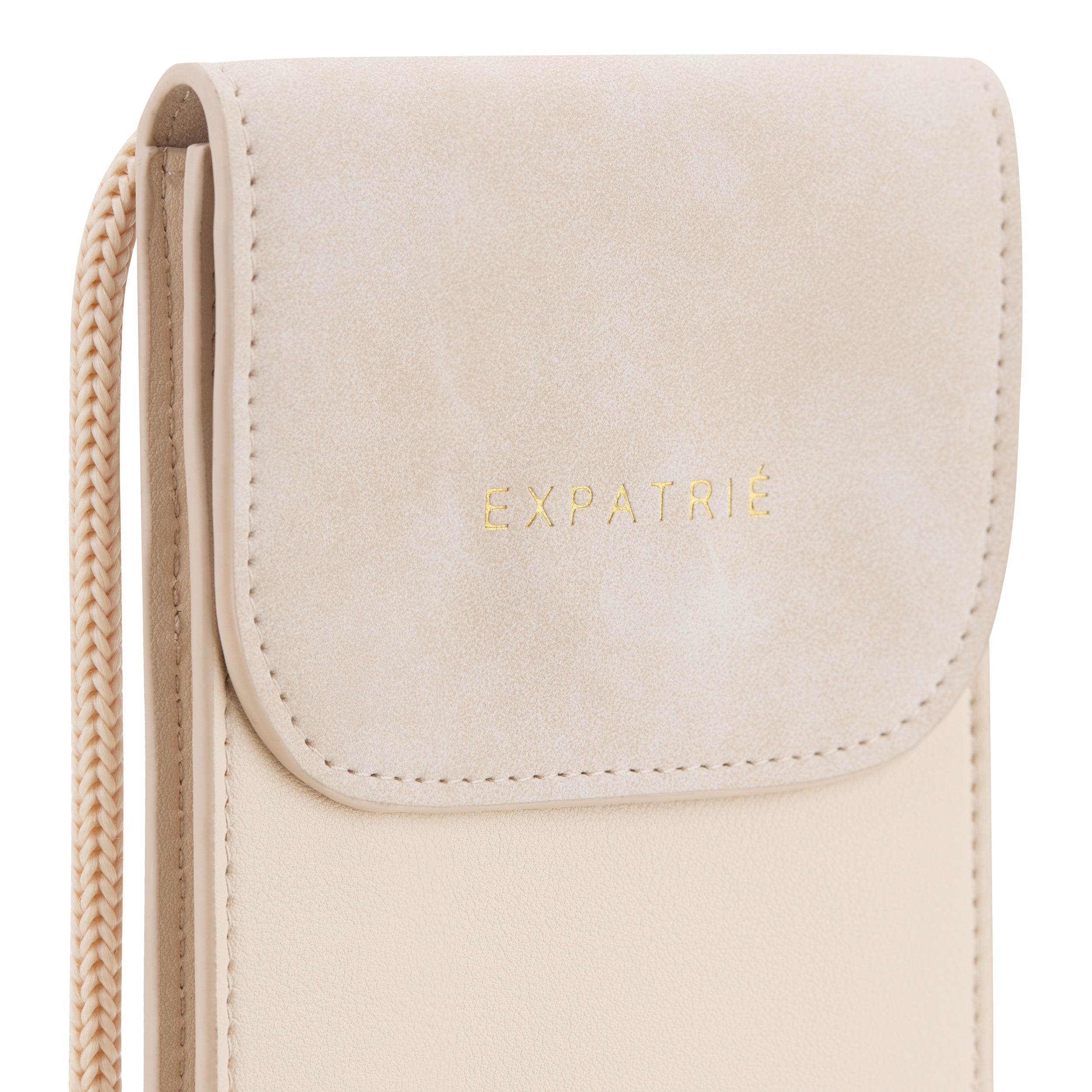 Beige Handy Umhängetasche Amelie aus zwei Materialien mit goldfarbenem 'EXPATRIÉ' Schriftzug