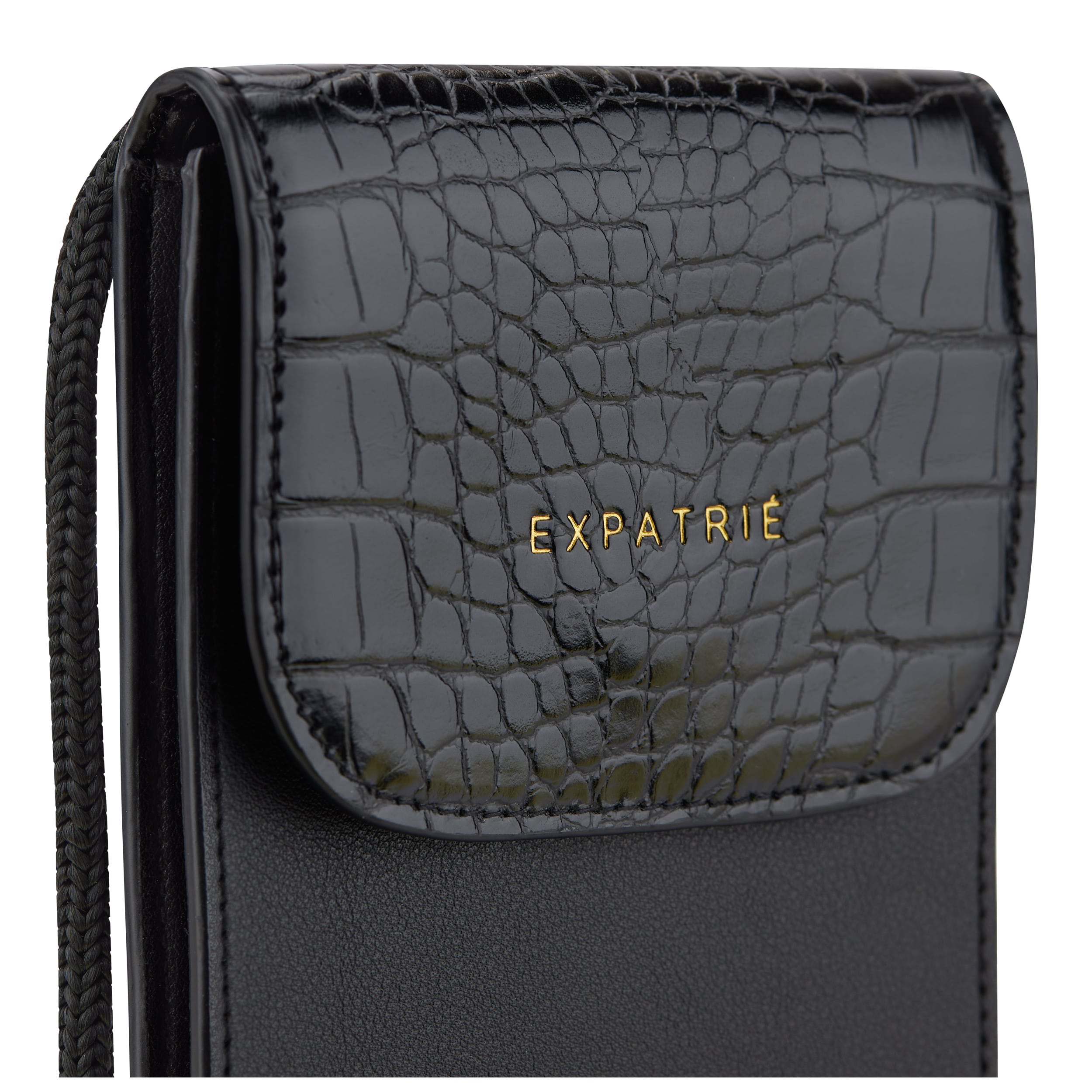 Handy Umhängetasche Amelie in schwarzem croco-Leder mit goldfarbenem 'EXPATRIÉ' Logo