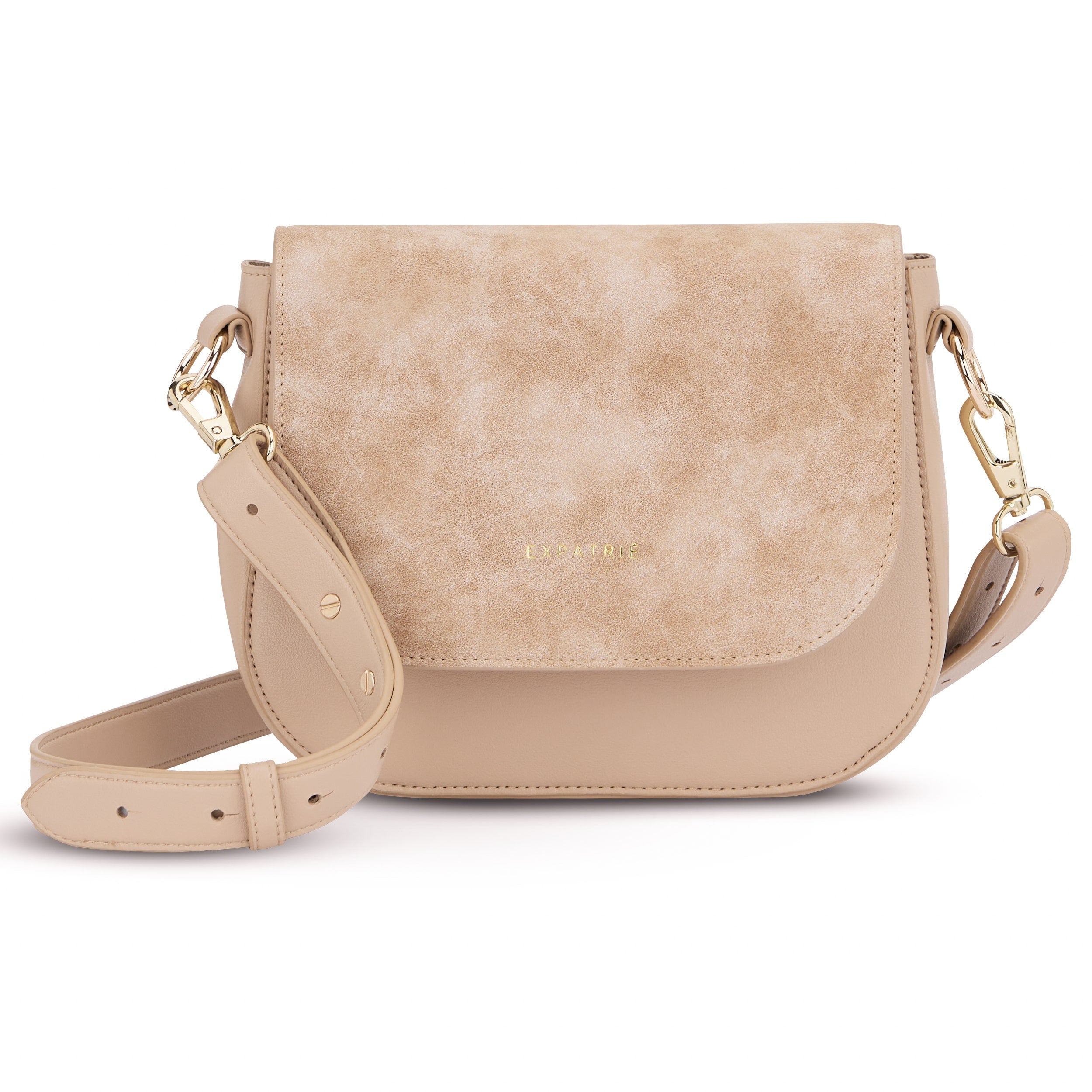Beige Saddle Bag Louise Medium mit abnehmbarem Schultergurt und goldfarbenen Metallbeschlägen