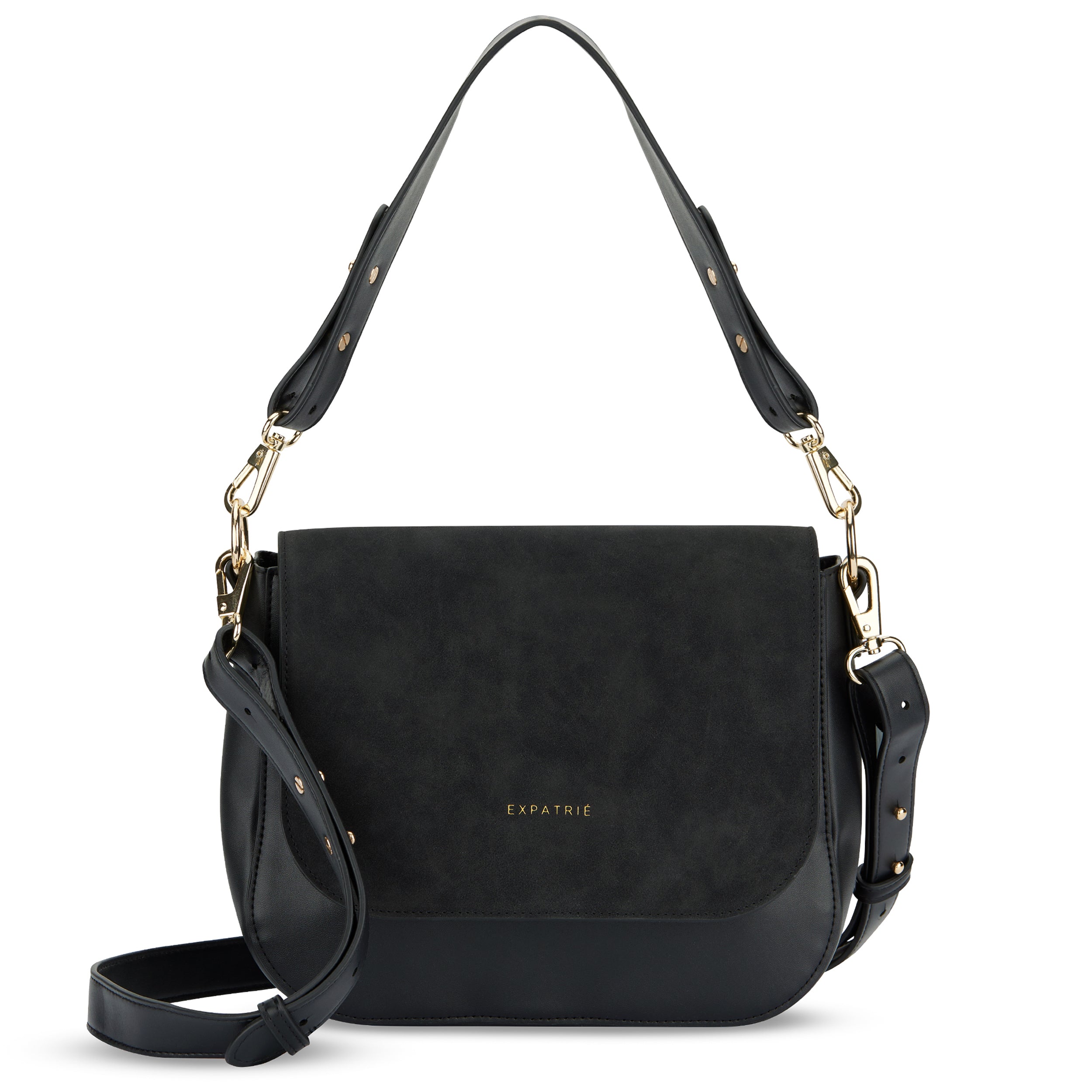 Schwarze Saddle Bag Louise Large Umhängetasche mit goldfarbenen Beschlägen und verstellbarem Schulterriemen