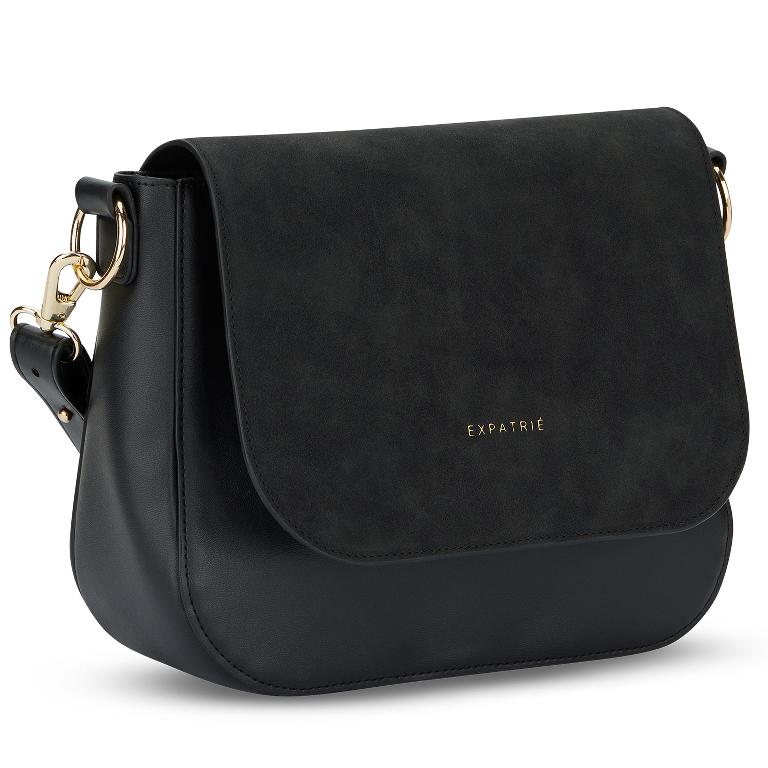 Große schwarze Saddle Bag Louise Umhängetasche aus Leder und Wildleder mit goldfarbenen Details