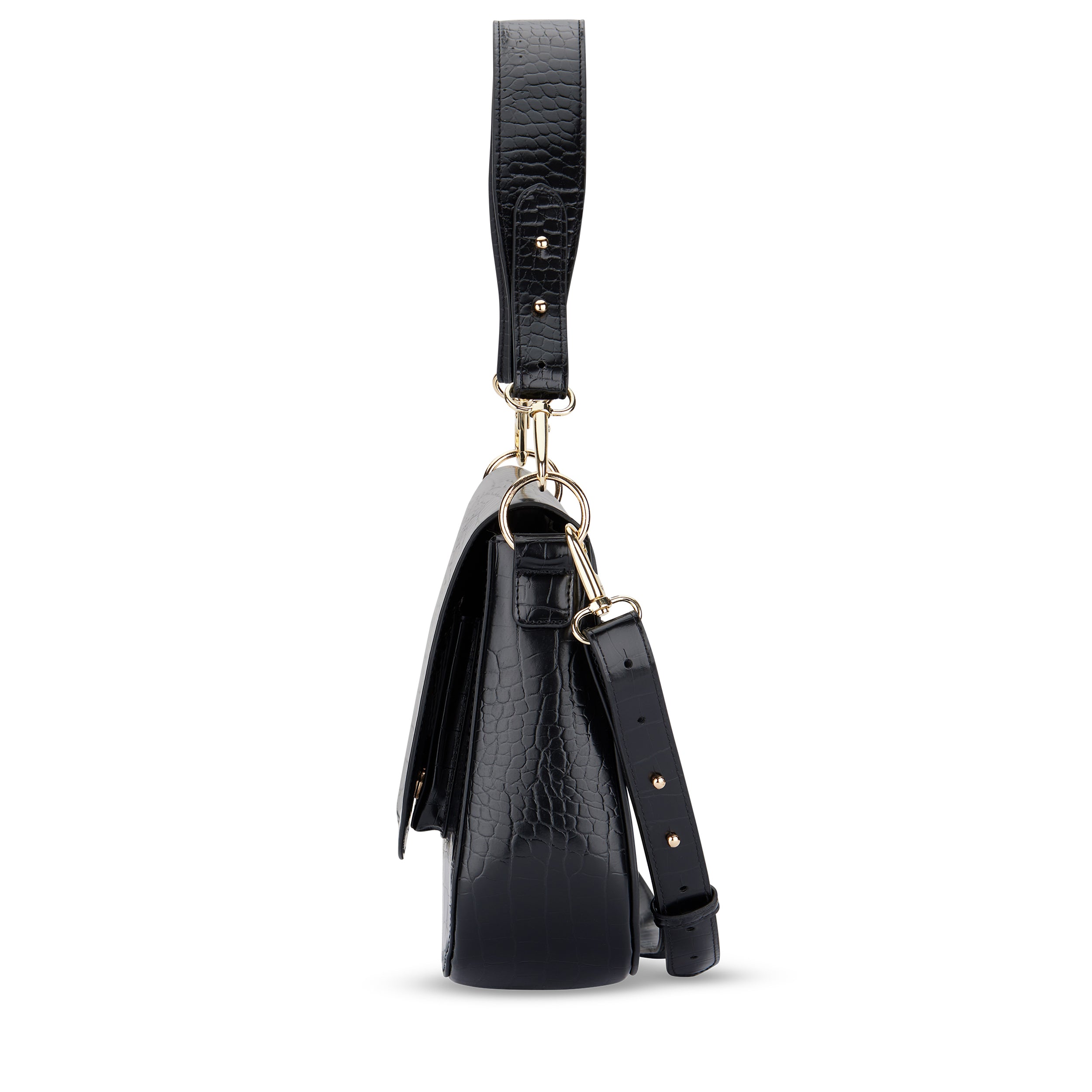 Schwarze Saddle Bag Louise Large mit Krokoprägung und verstellbaren Schulterriemen