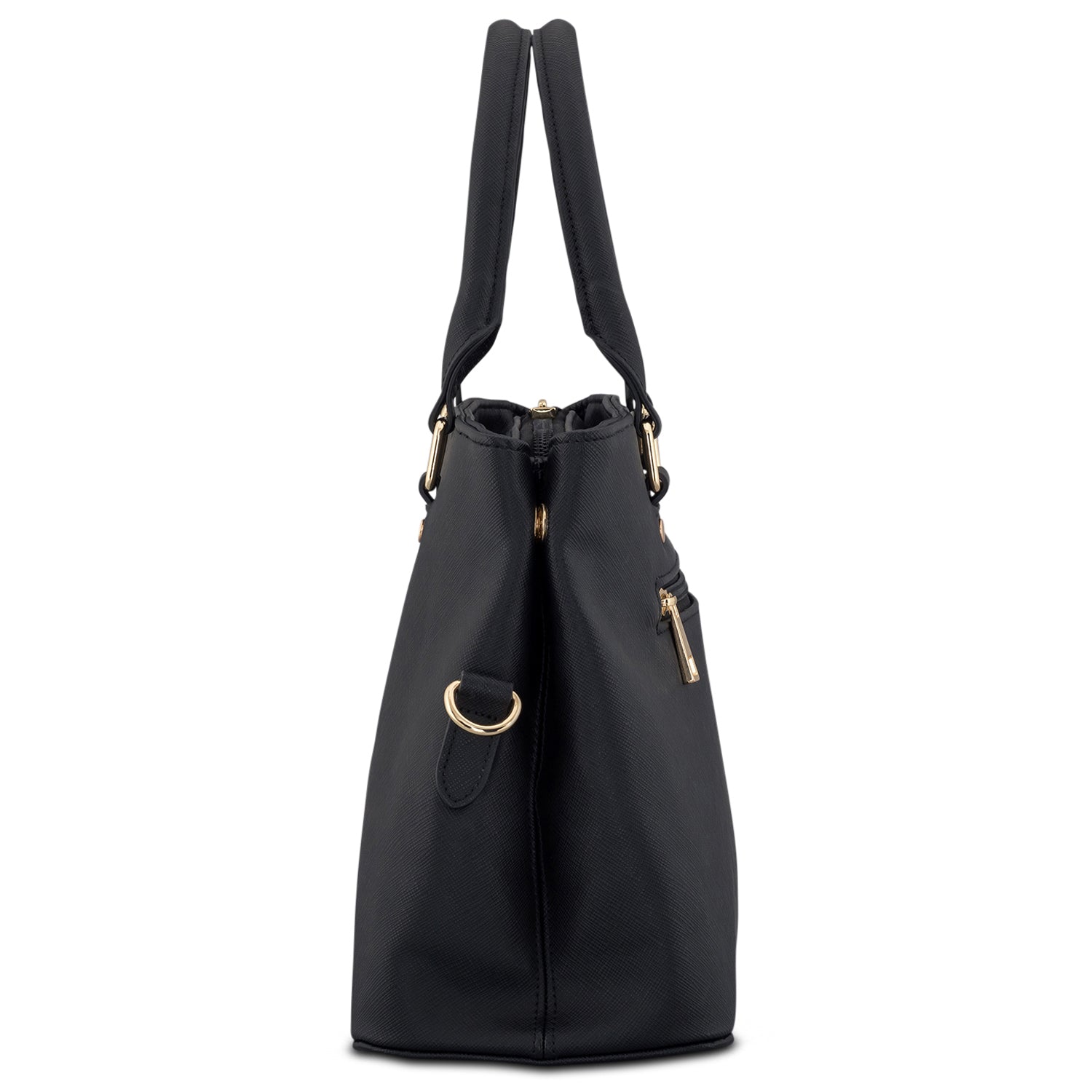Schwarze Henkeltasche Julie von der Seite mit goldfarbenen Details und zwei Henkelriemen