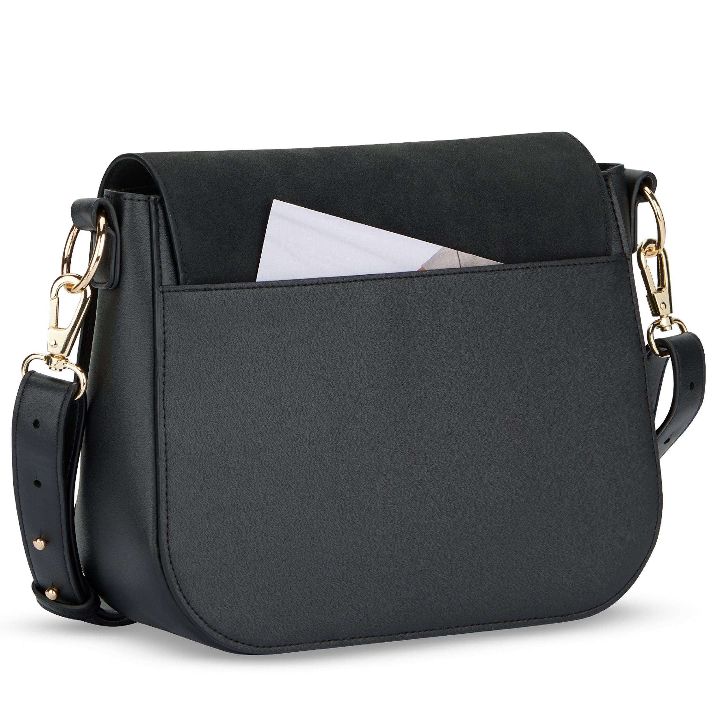 Große schwarze Saddle Bag Louise mit glattem Unterteil und samtartigem Deckel, seitlicher Tragegurt und goldfarbene Metallverschlüsse