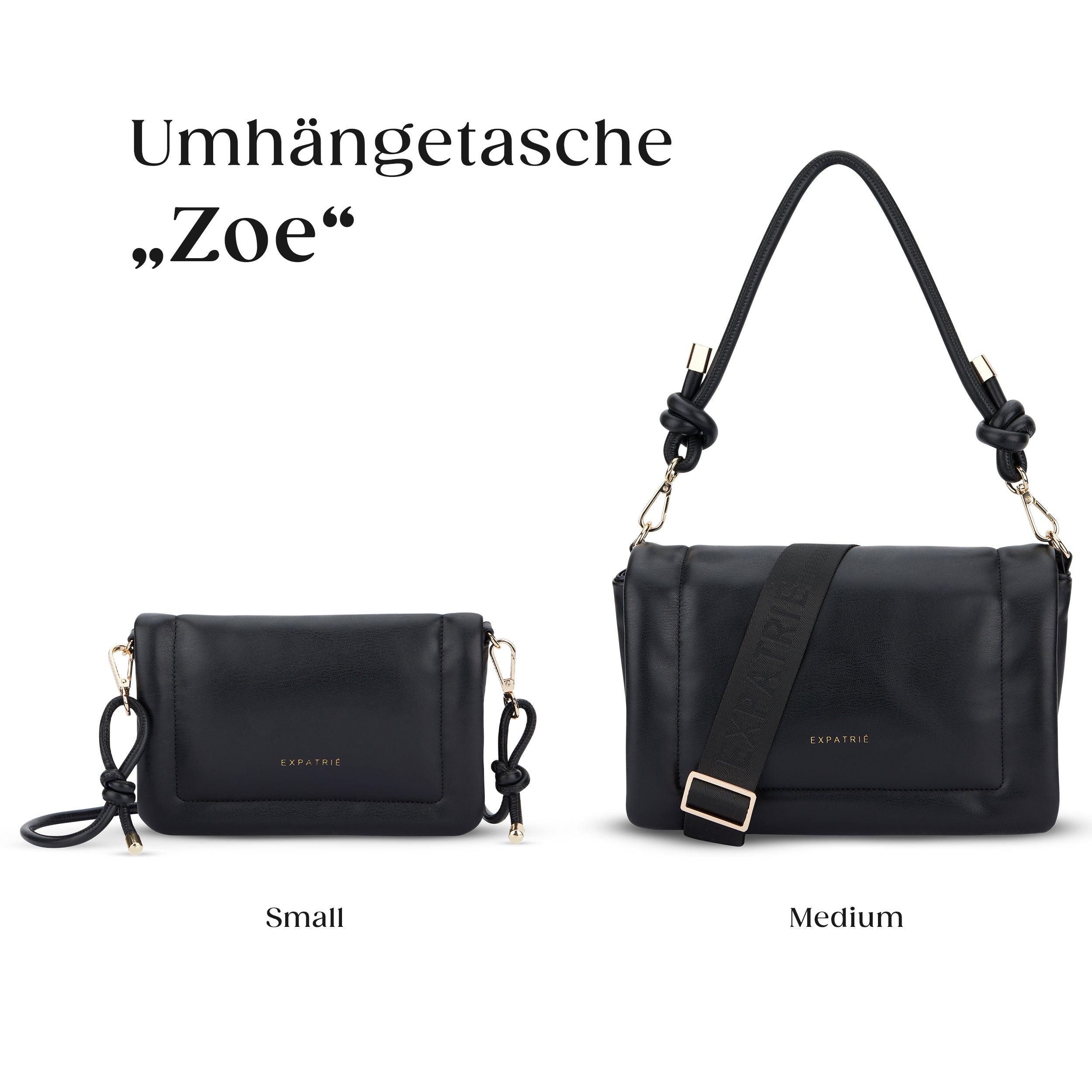 Schwarze Umhängetaschen Zoe in Small und Medium mit goldfarbenem Expatrié Schriftzug