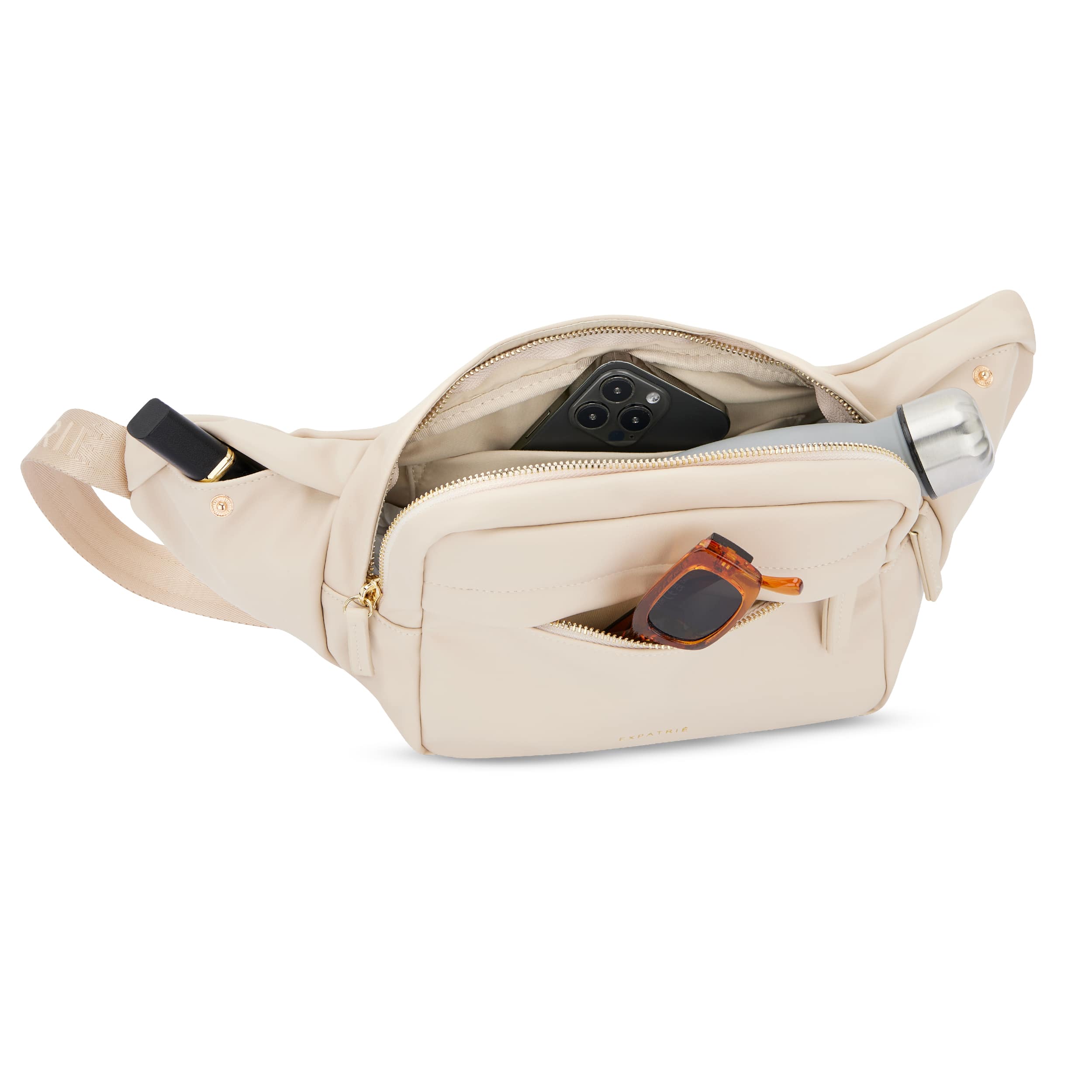 Beige Bauchtasche Justine aus PU-Kunstleder mit mehreren Reißverschlusstaschen, Sonnenbrille, Lipstick, Smartphone und Trinkflasche