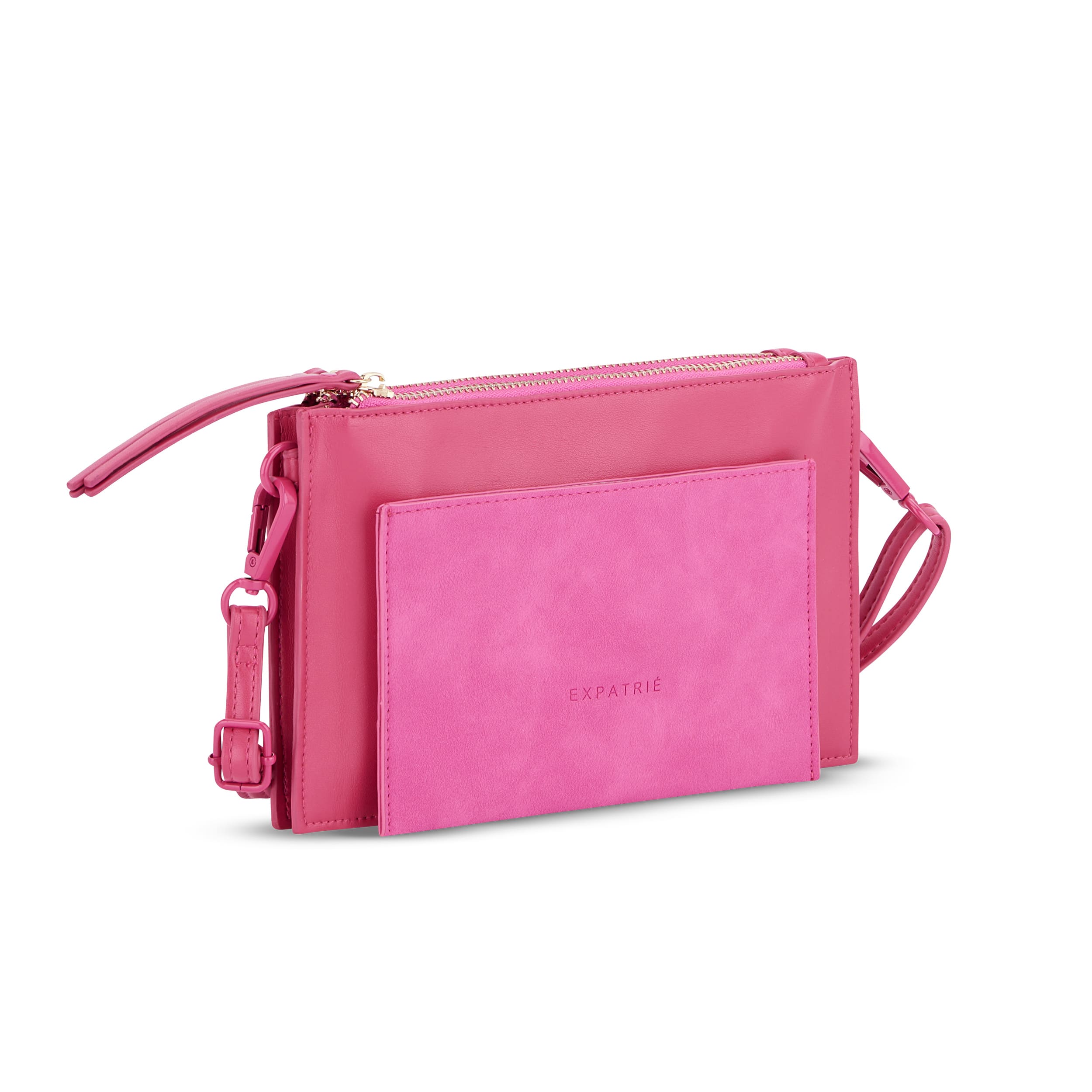 Clutch Isabelle in Pink mit abnehmbarem Schultergurt und vorderer Tasche mit Prägung 'EXPATRIÉ'
