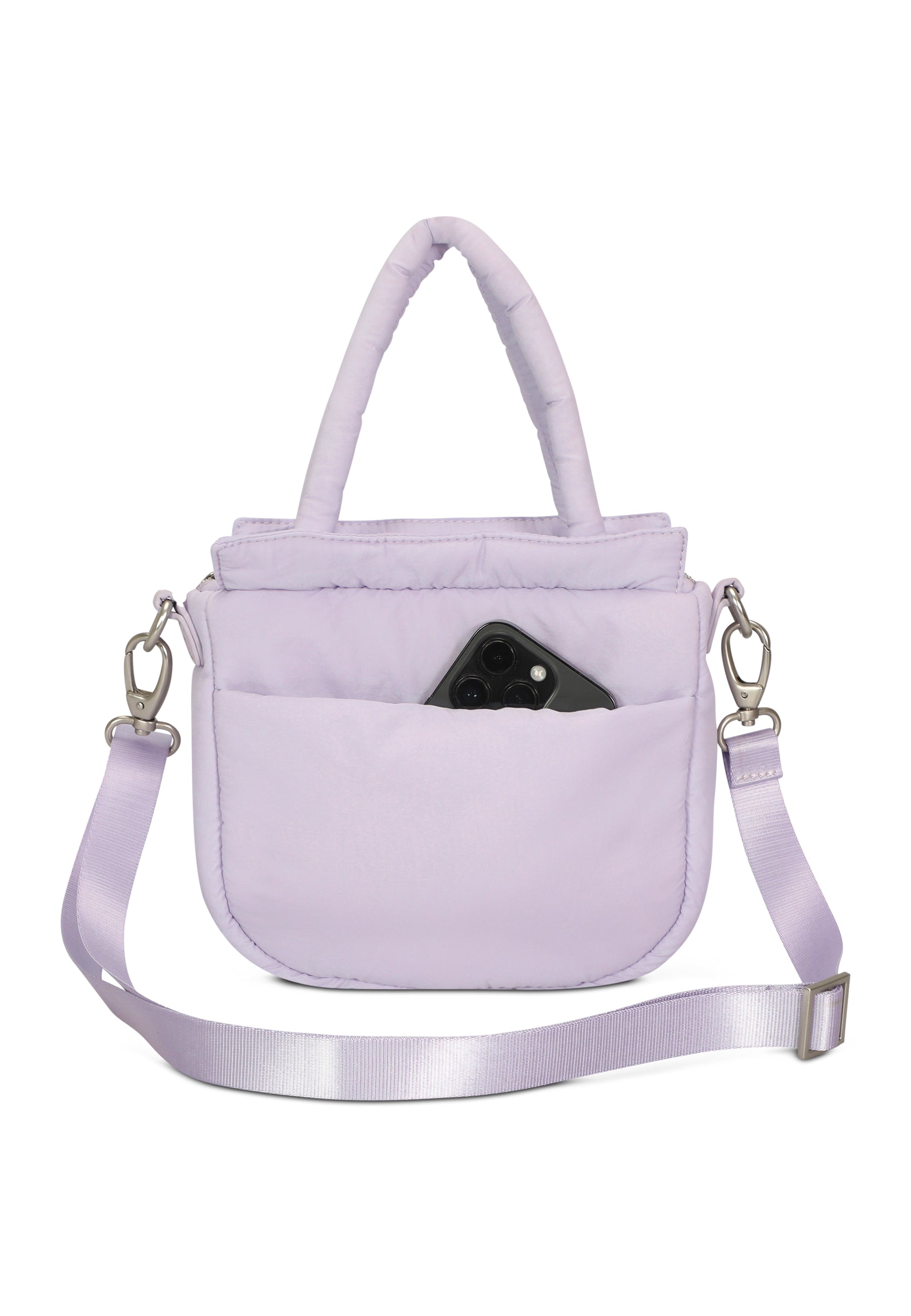 Kleine helllila Poppy Small Handtasche mit kurzem Griff, abnehmbarem Schulterriemen und Fronttasche mit Smartphone.