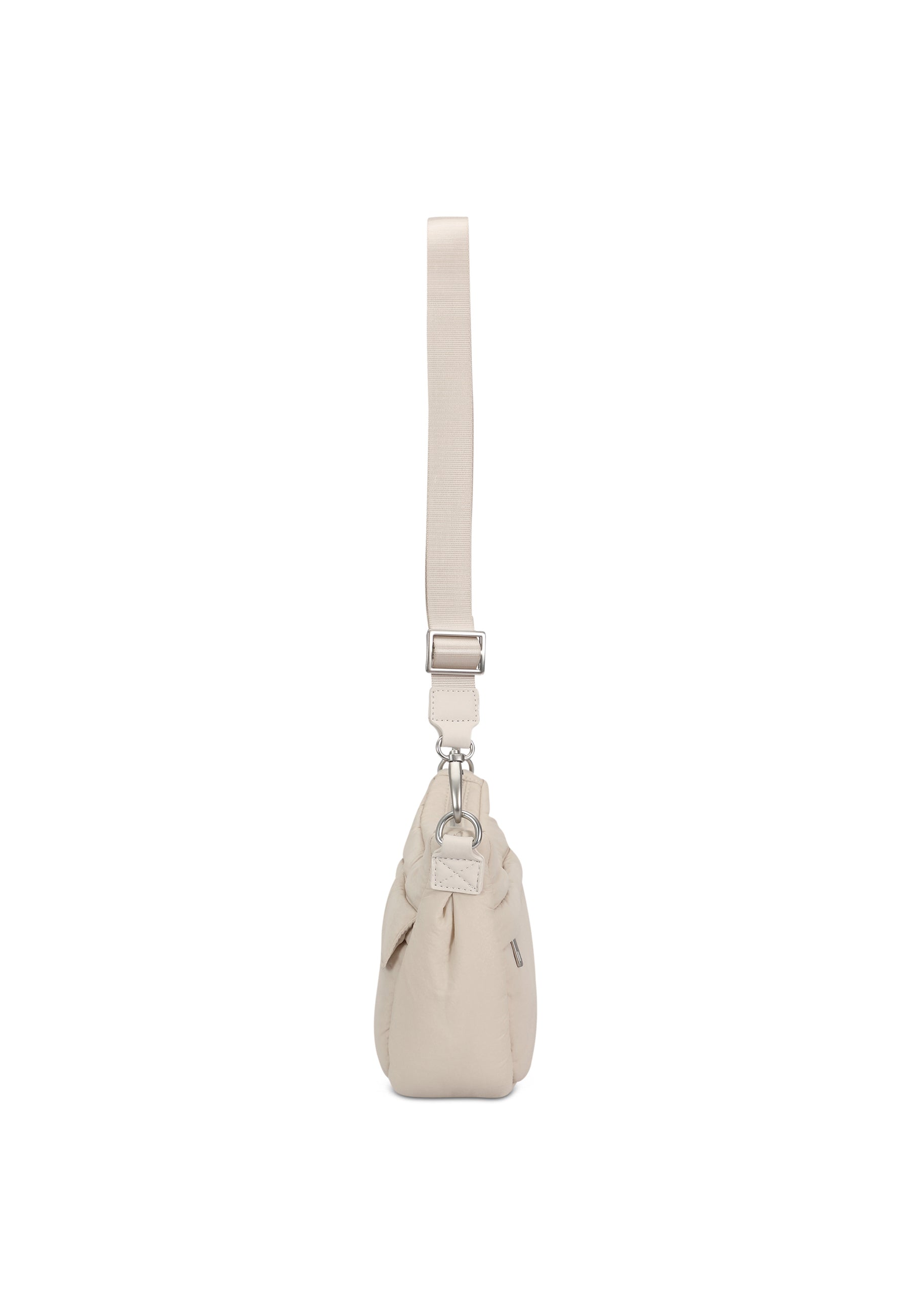 Beige VIVY Half Moon Tasche von der Seitenansicht mit verstellbarem Schulterriemen