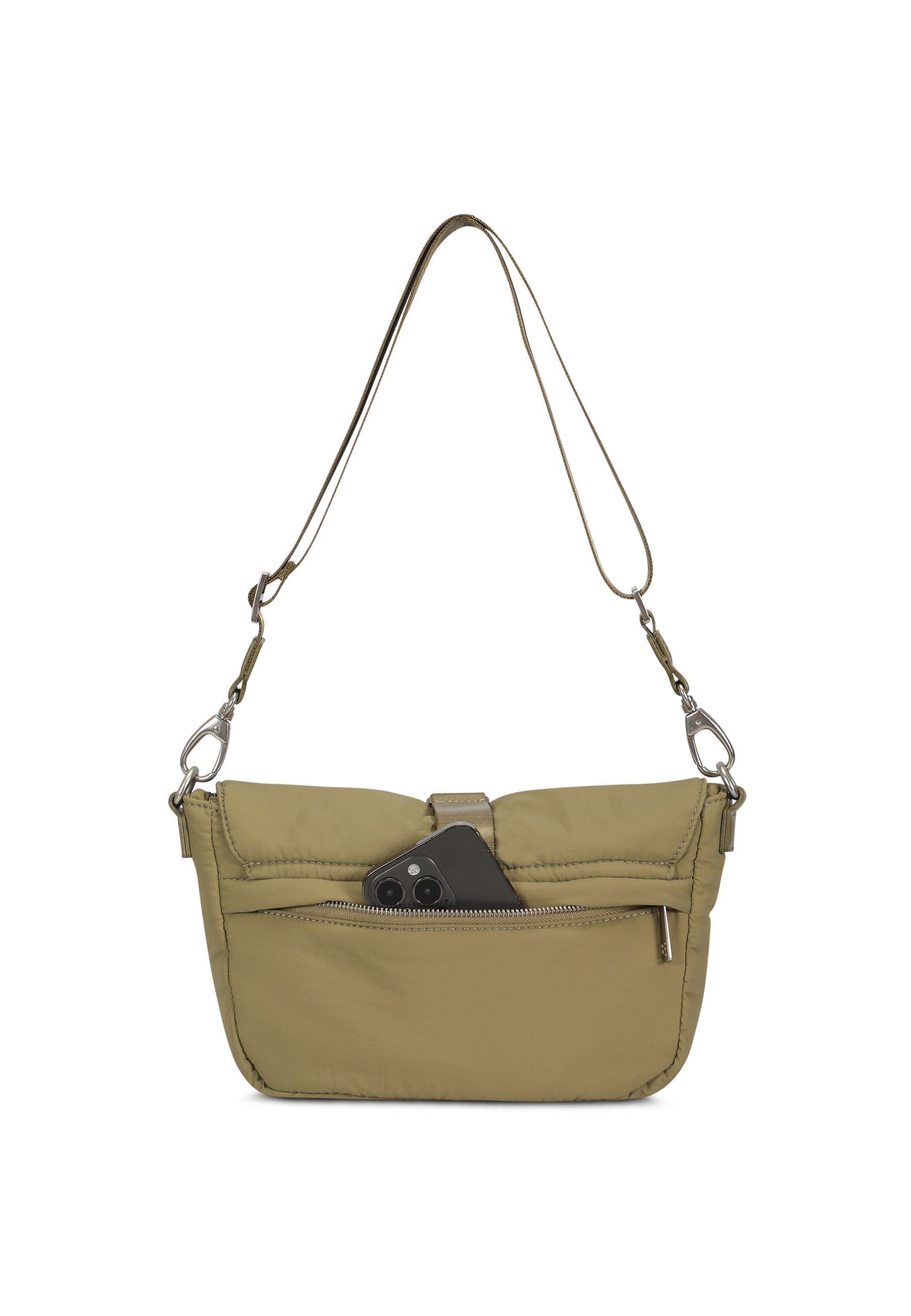 Olivefarbene BOBBY Handtasche mit verstellbarem Schulterriemen und Vordertasche mit Reißverschluss, in der ein schwarzes Smartphone steckt