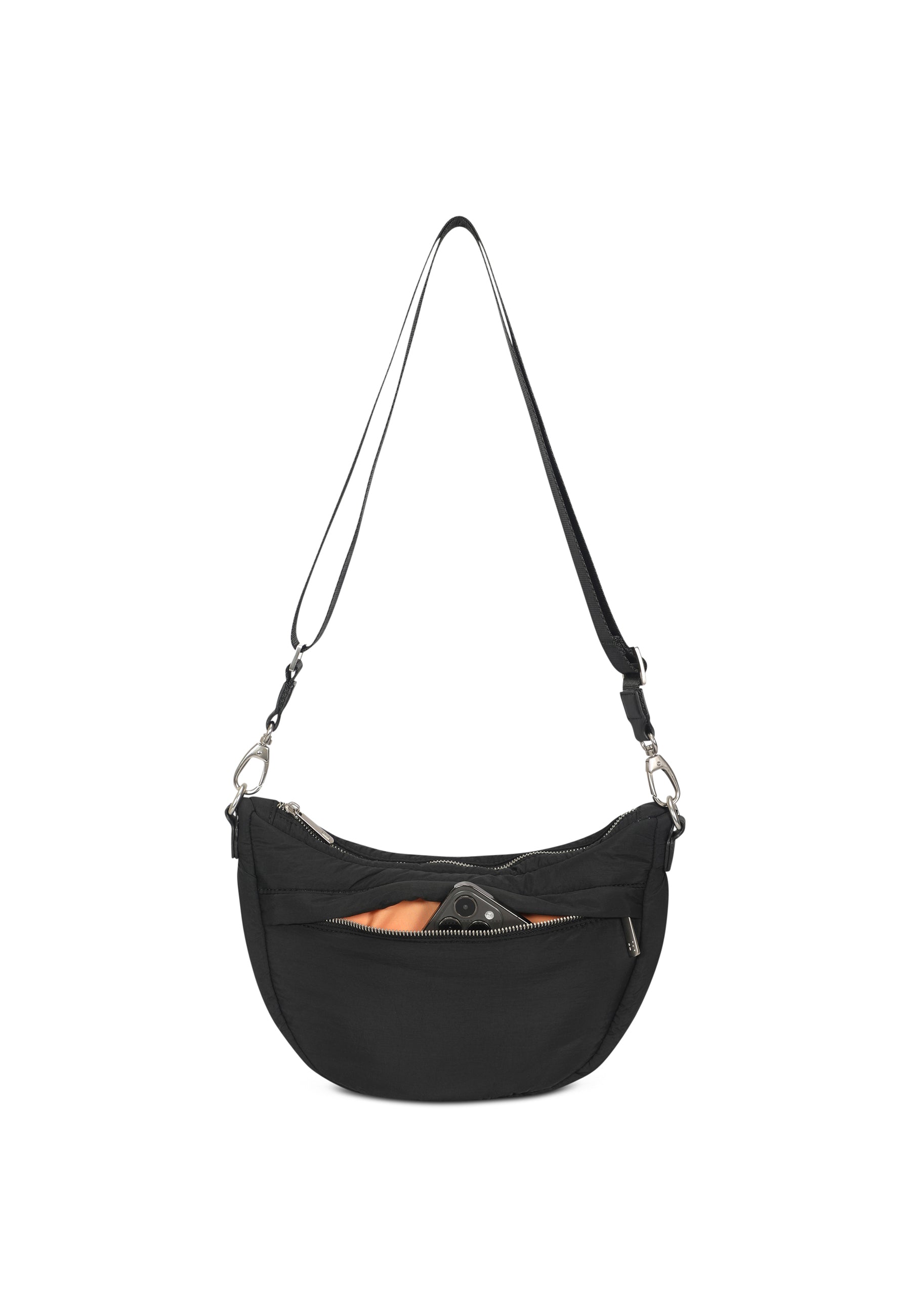 Schwarze VIVY Half Moon Bag mit verstellbarem Schulterriemen und sichtbarem Reißverschlussfach mit Smartphone