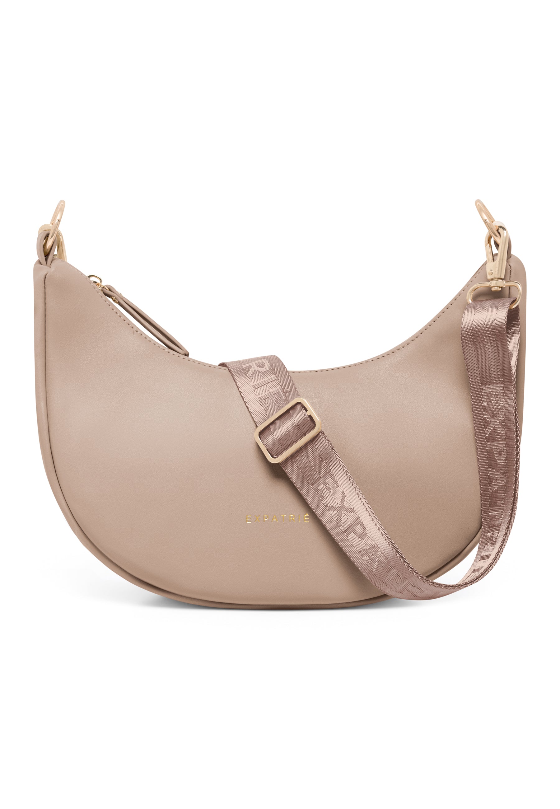 Halbmondförmige LEA SMALL Tasche in Braun mit verstellbarem, breitem Schulterriemen mit EXPA Text