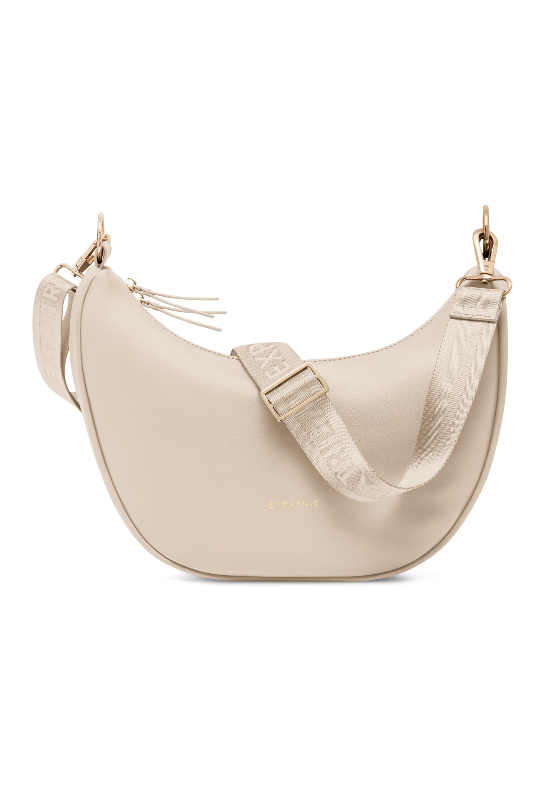 Beige, halbrunde LEA MEDIUM Umhängetasche mit verstellbarem Schulterriemen und goldfarbenen Details