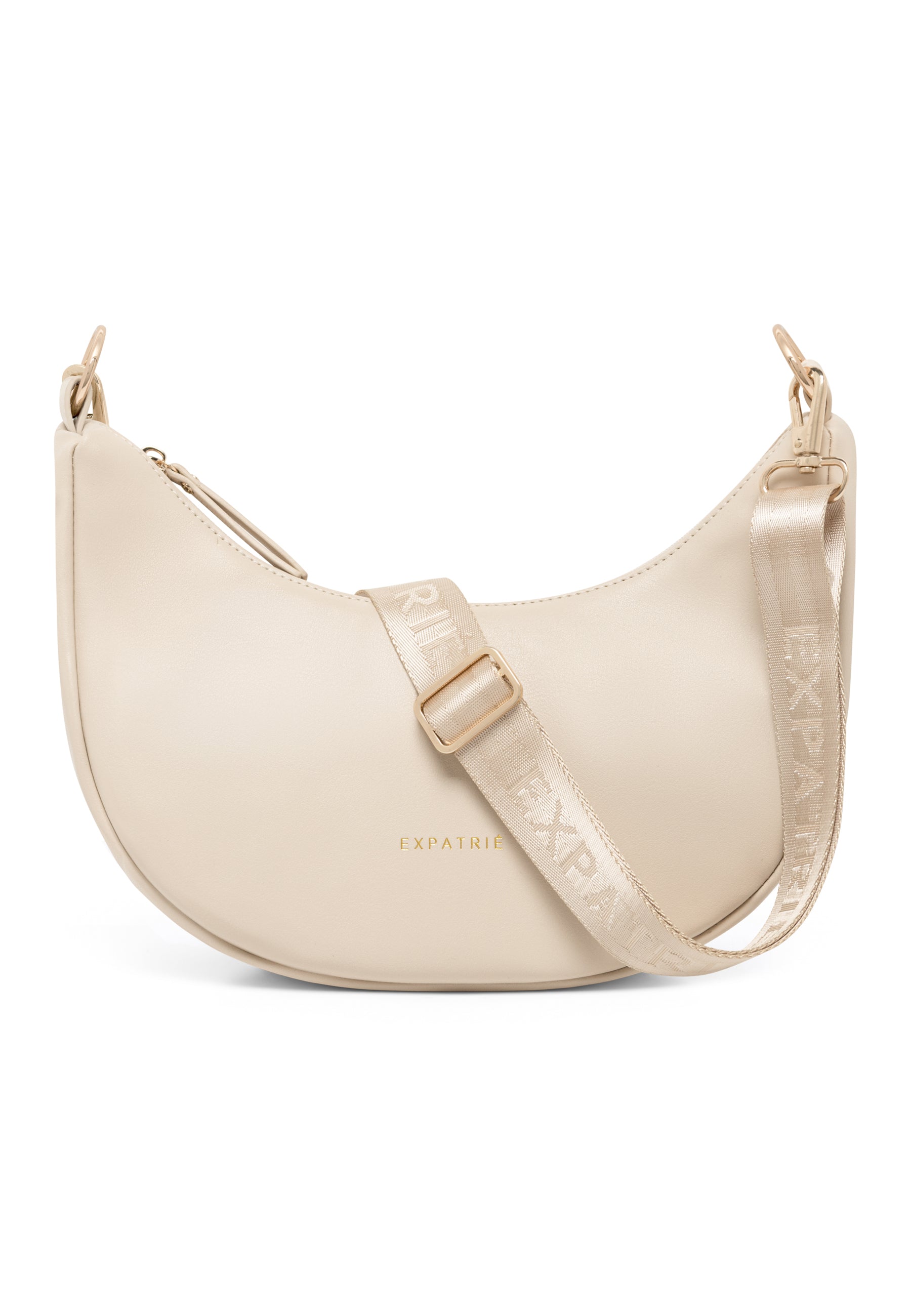 Beige LEA SMALL Halbmondtasche aus glattem Material mit verstellbarem Gurt