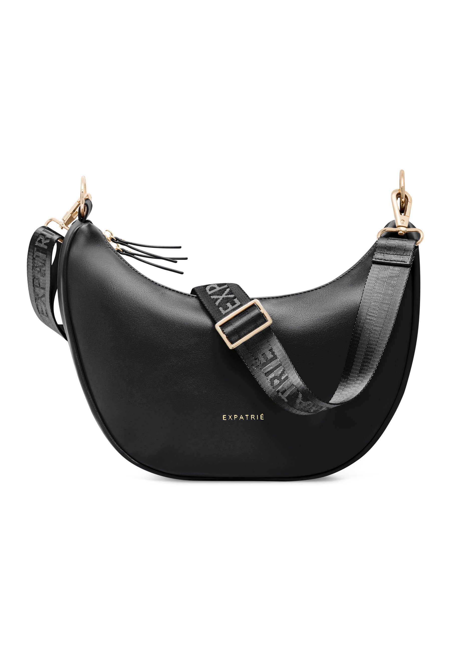 Schwarze LEA MEDIUM Halbmondtasche aus Leder mit verstellbarem Gurt und goldfarbenen Details