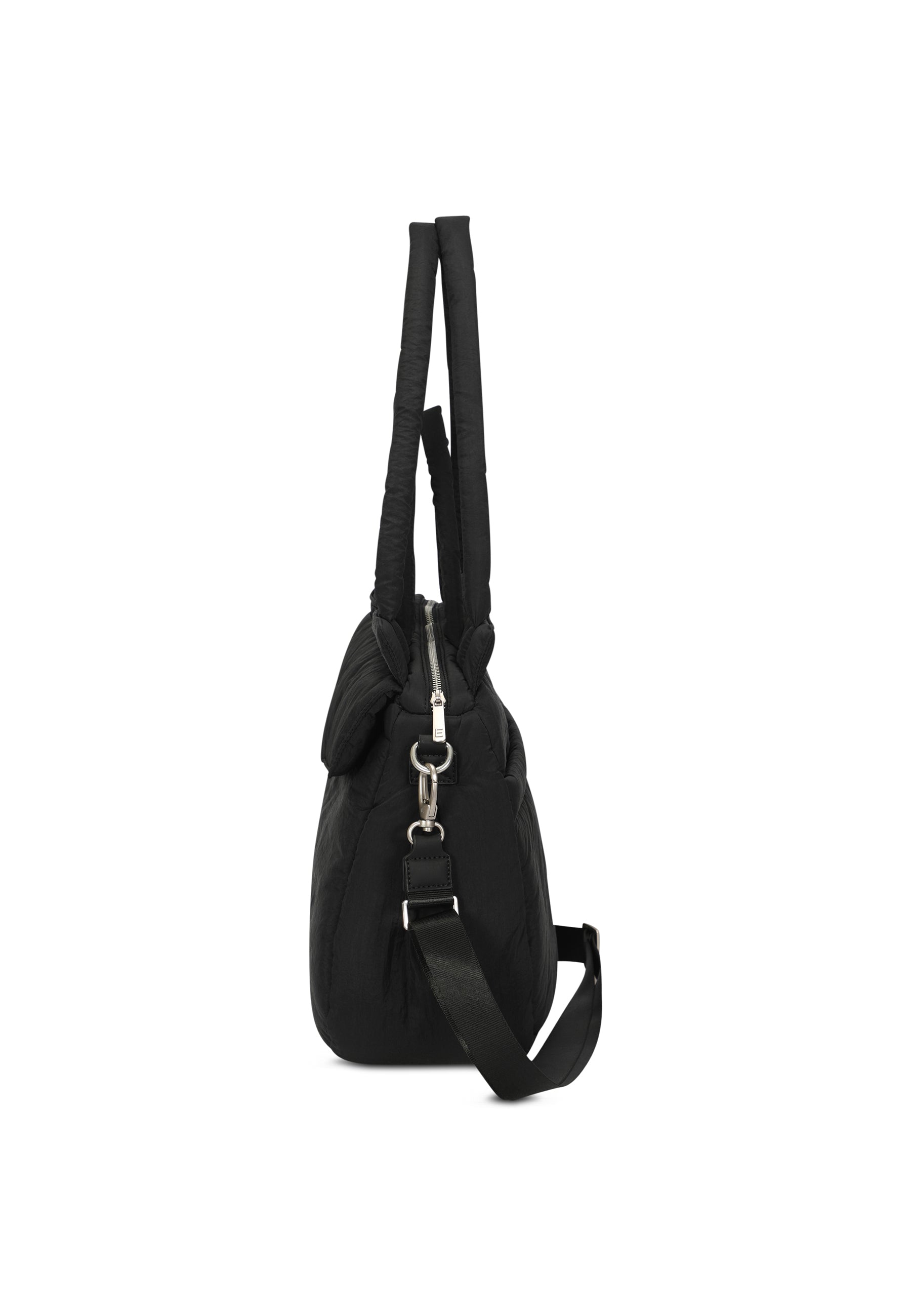 Schwarze POPPY Shopper Tasche mit langen Griffen und abnehmbarem Schultergurt, seitliche Ansicht