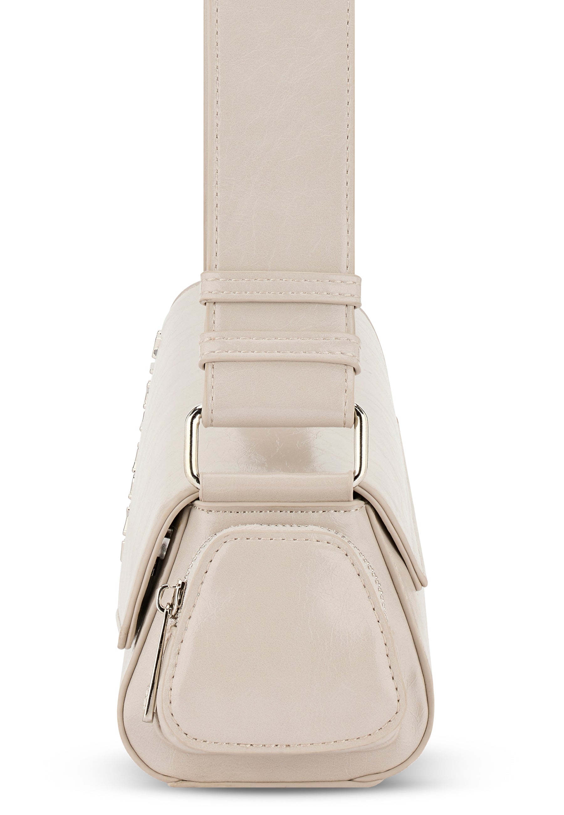 Beige Handtasche namens GRACE mit breitem Schulterriemen und seitlicher Reißverschlusstasche