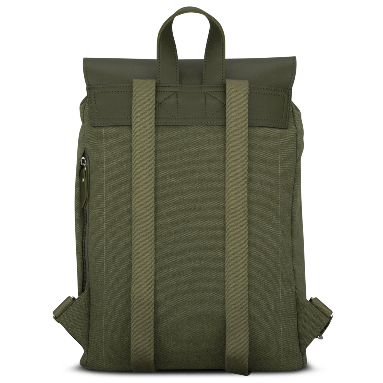 Grüner Rucksack Anouk aus Canvas und Leder für Damen, Rückseite mit Schultergurten und Trageschlaufe