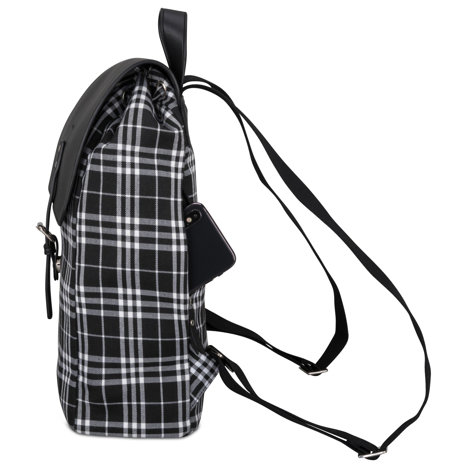 Schwarz-weiß kariertes Canvas-Leder Rucksack Anouk mit schwarzem Deckel und längenverstellbaren Schultergurten