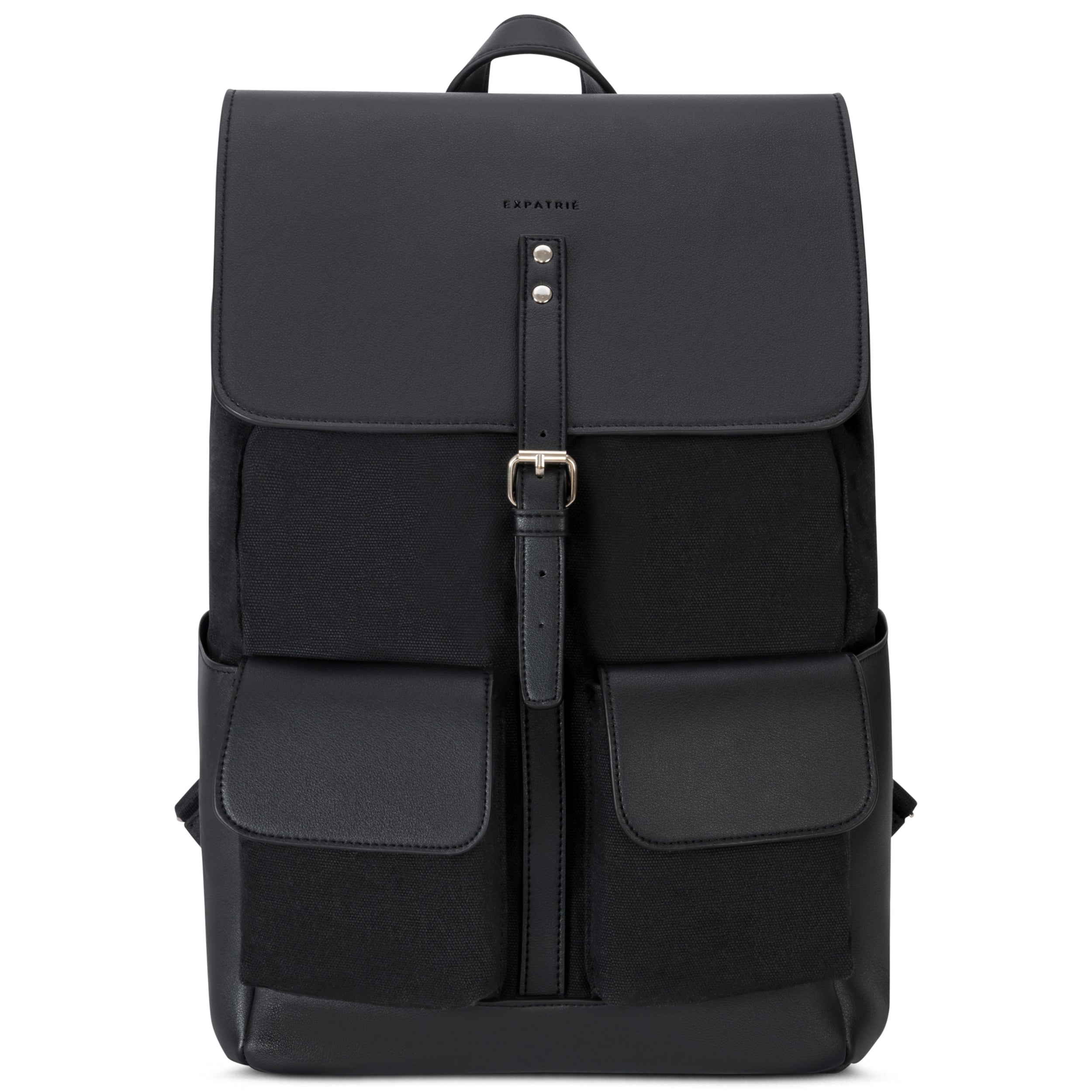 Schwarzer Canvas-Rucksack 'Laurent' von Expatrié mit zwei Fronttaschen und Lederriemen