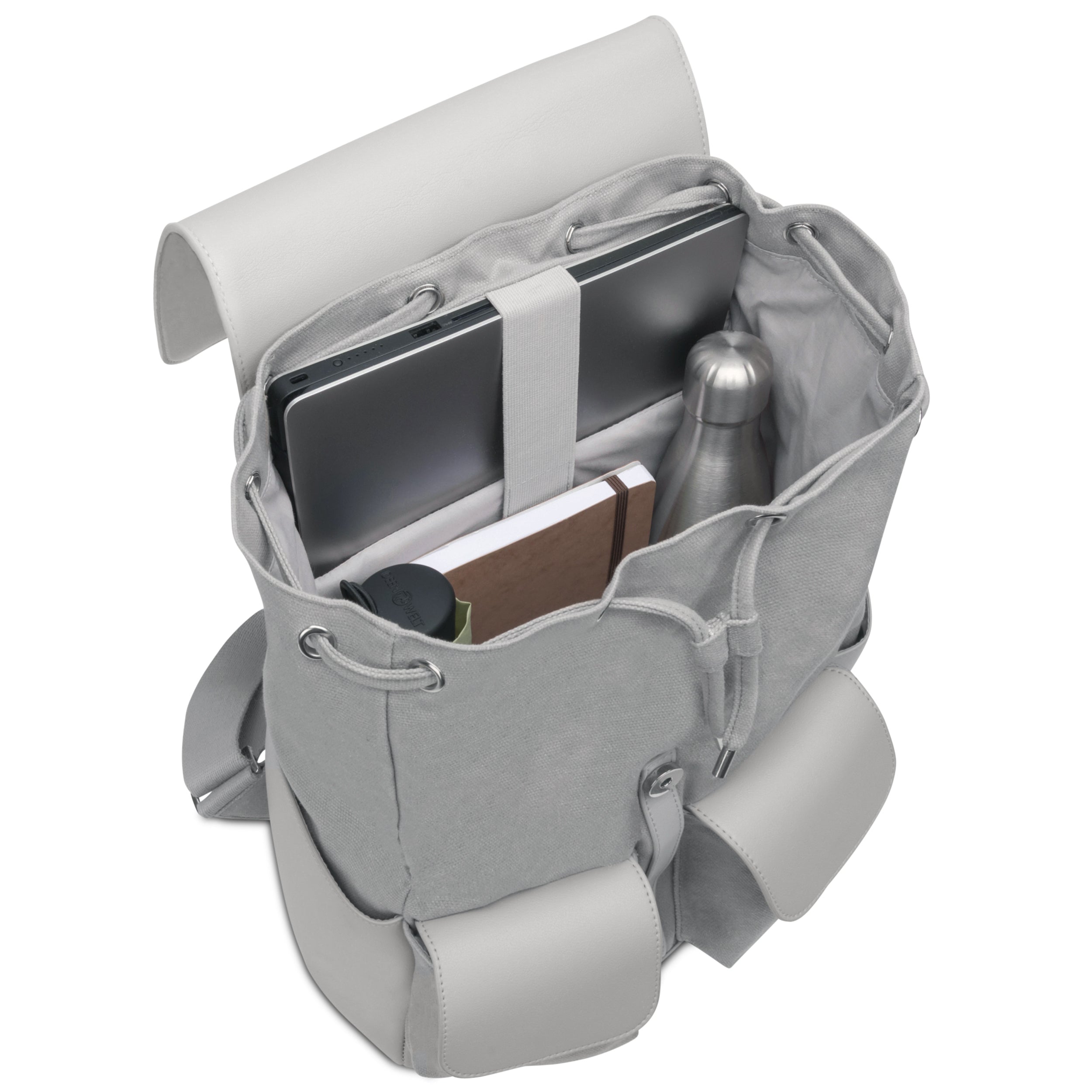 Grauer Canvas-Rucksack Laurent mit Laptopfach, Notizbuch und Trinkflasche