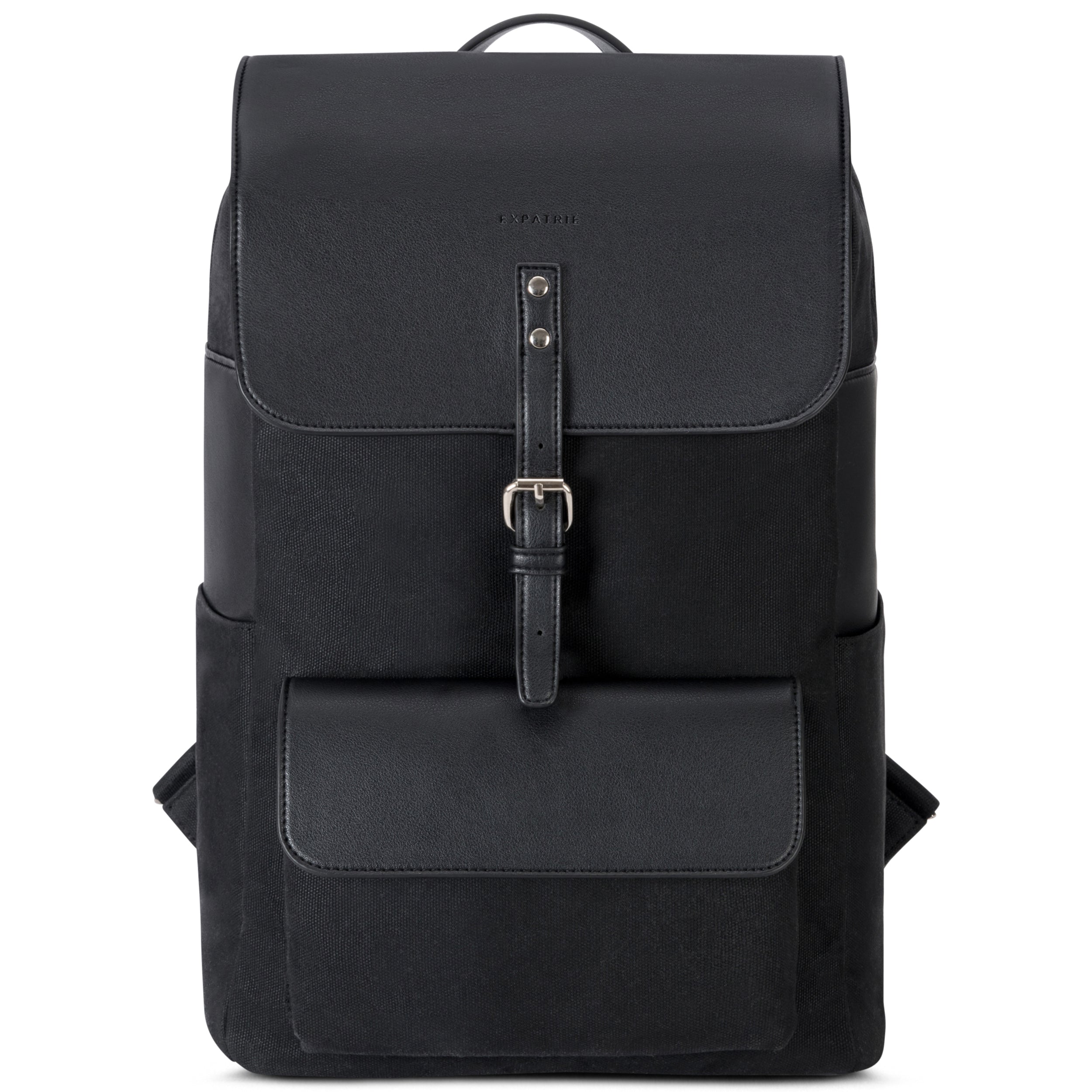 Schwarzer Damenrucksack Ella aus Canvas und Leder mit Klappe und Fronttasche