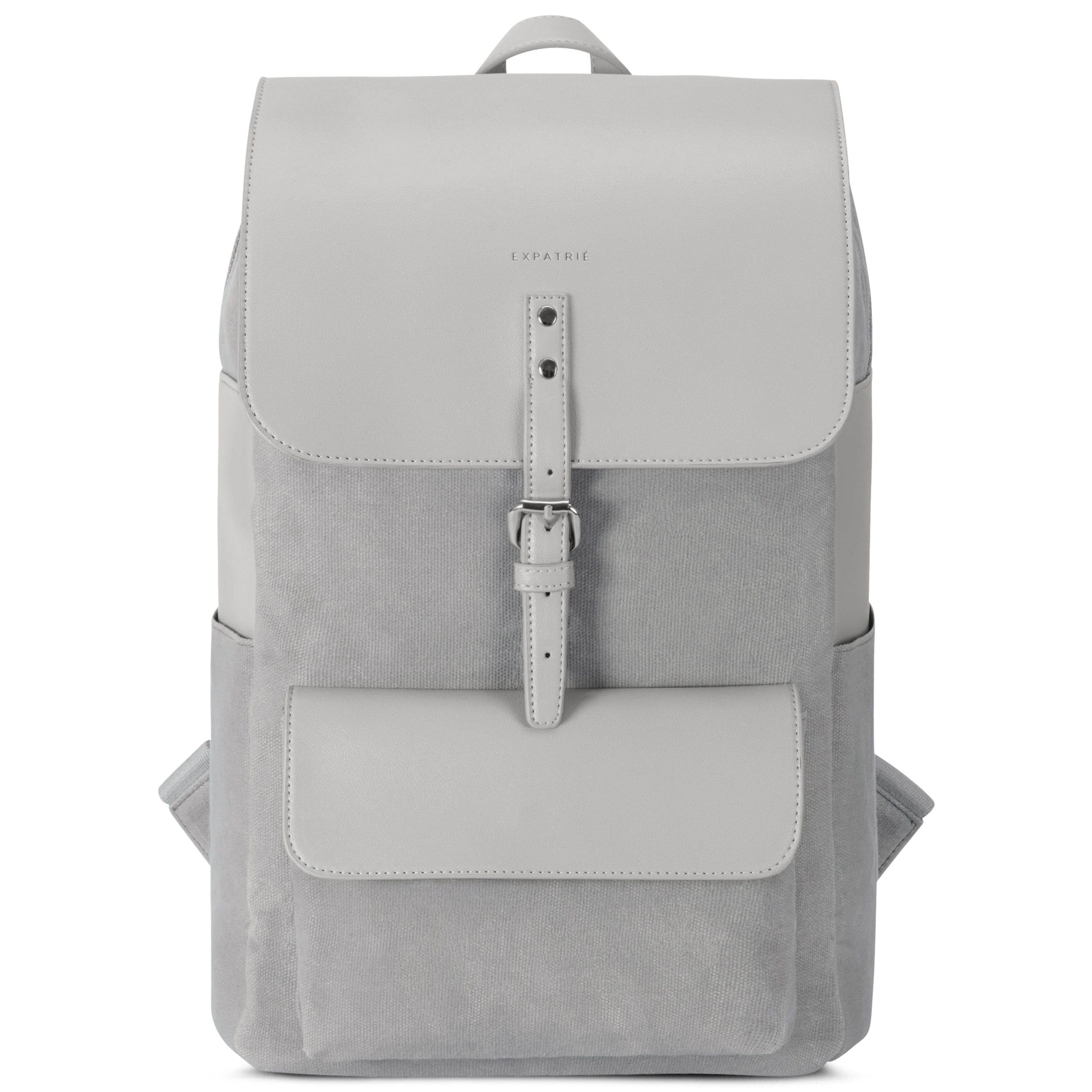 Rucksack Ella aus grauem Canvas und Leder mit Klappdeckel und Fronttasche