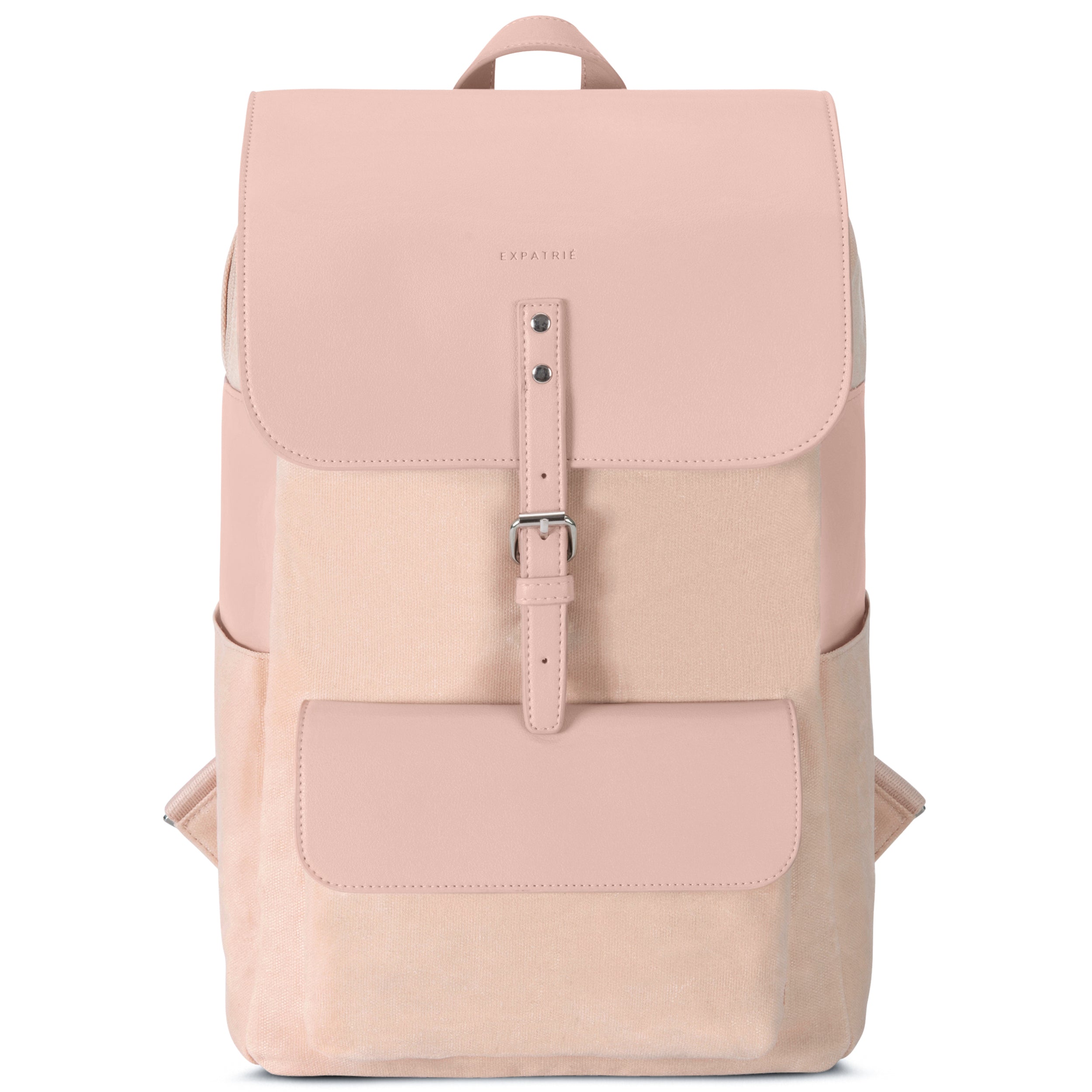 Damen Rucksack Ella aus rosa Canvas mit Lederklappe und Fronttasche